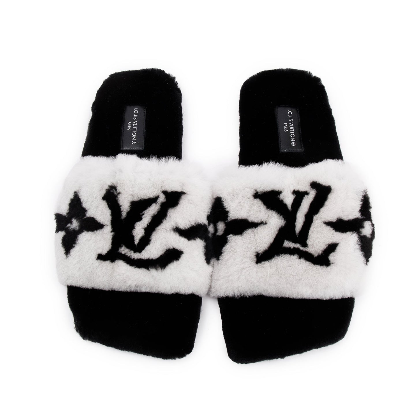 Louis Vuitton 2021 White/Black Monogram Print Fur Mink Flat Mules, Size 38