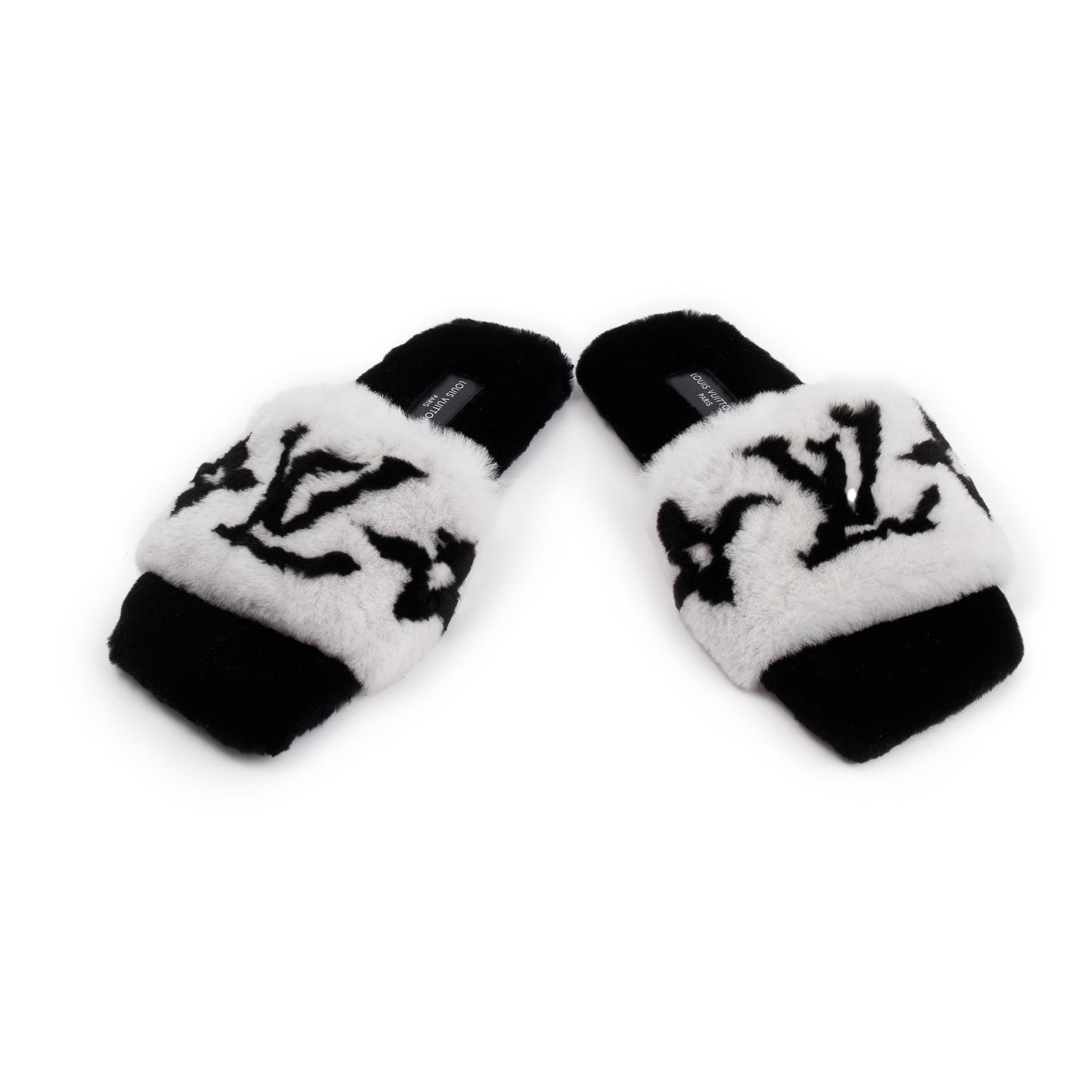 Louis Vuitton 2021 White/Black Monogram Print Fur Mink Flat Mules, Size 38