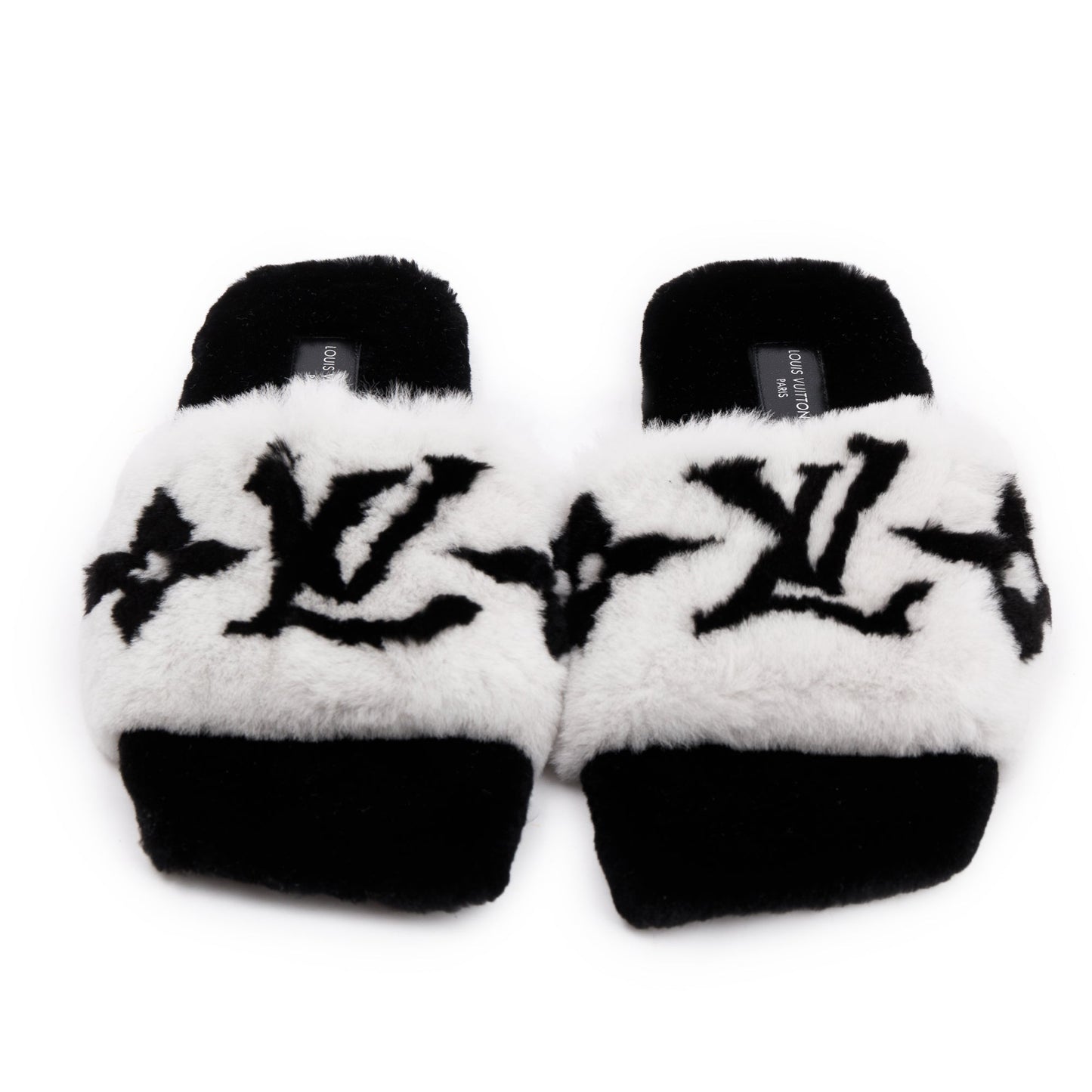 Louis Vuitton 2021 White/Black Monogram Print Fur Mink Flat Mules, Size 38