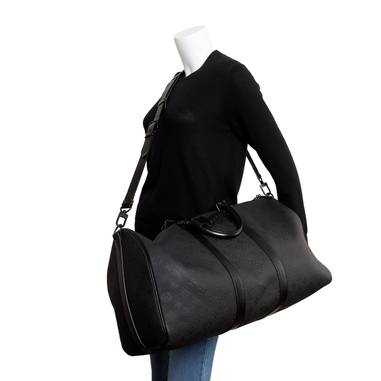 Louis Vuitton 2022 Black Taurillon Monogram Embossed Leather Keepall Bandouliere 50