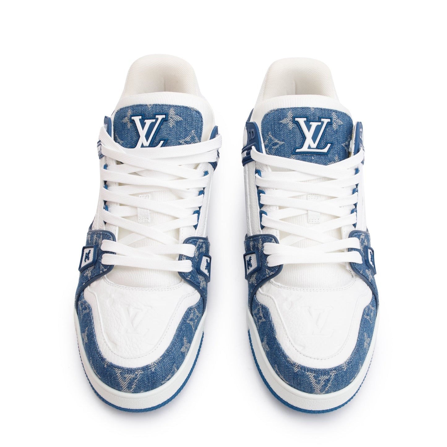 Louis Vuitton 2022 Blue/White Denim Calfskin LV Trainer Sneakers, Size 10