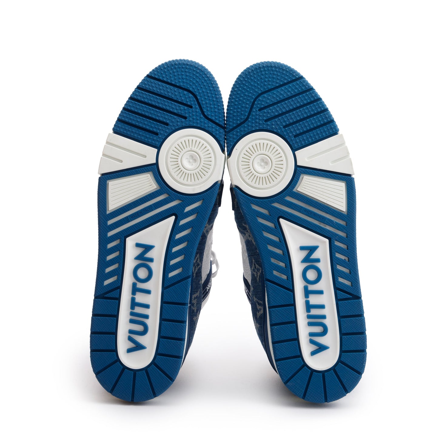Louis Vuitton 2022 Blue/White Denim Calfskin LV Trainer Sneakers, Size 10