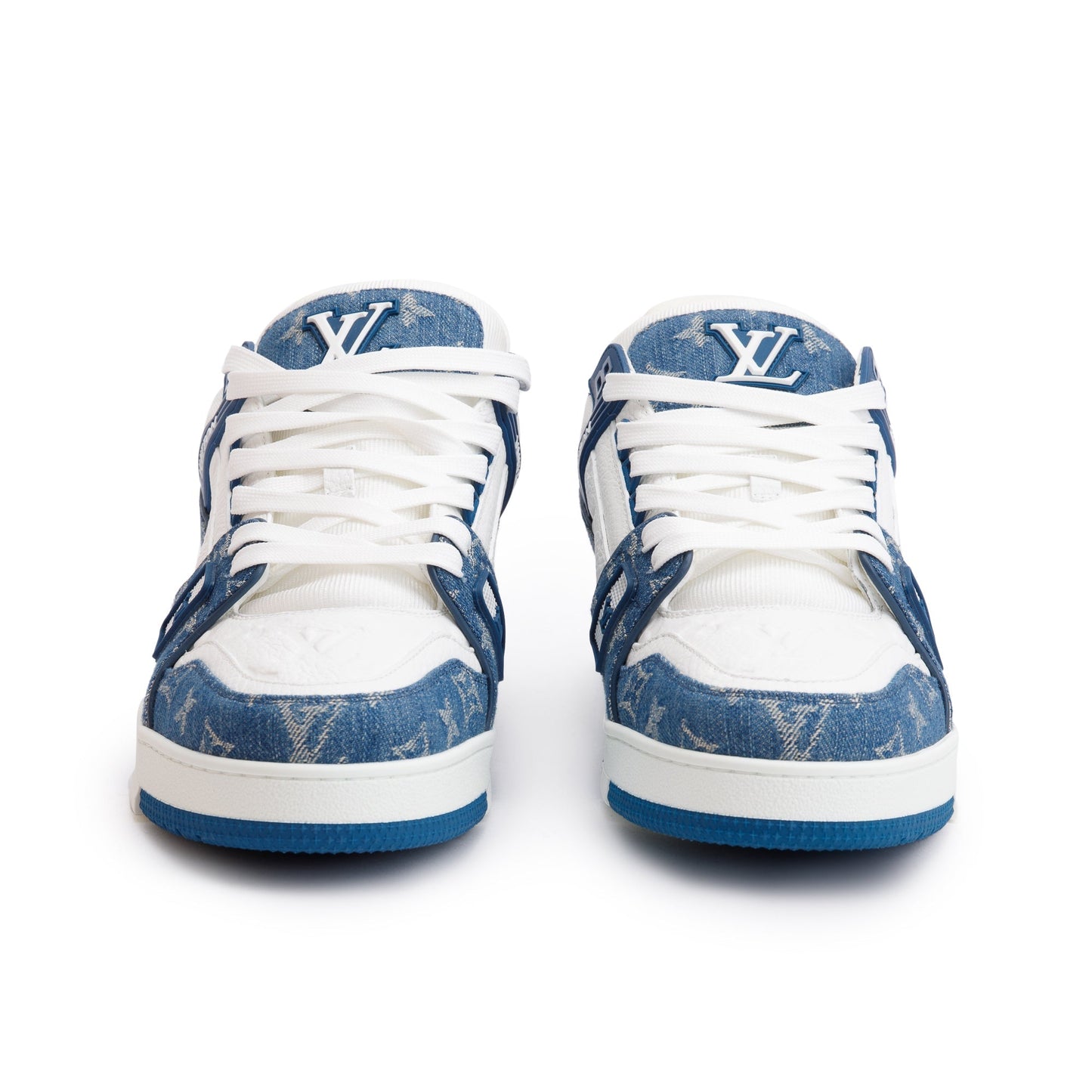 Louis Vuitton 2022 Blue/White Denim Calfskin LV Trainer Sneakers, Size 10