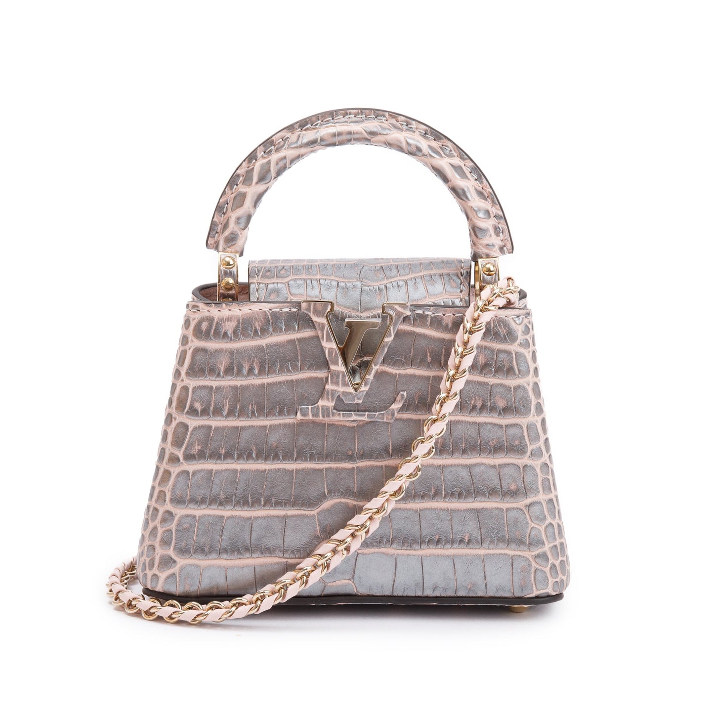 Louis Vuitton 2022 Silver/Pink Crocodilien Brillant Capucines Nano