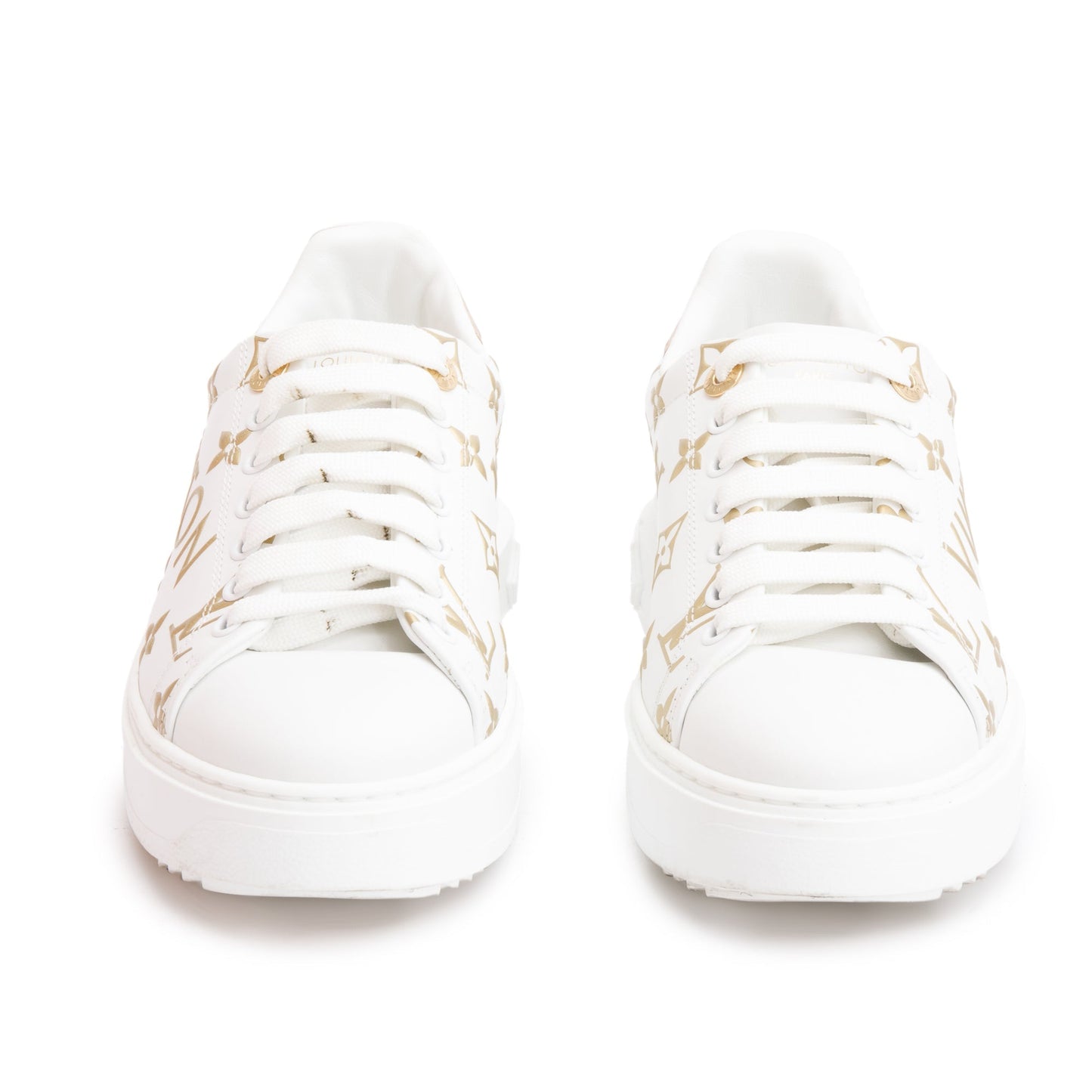 Louis Vuitton 2022 White/Gold Monogram Debosssed Leather Time Out Sneakers, Size 36.5