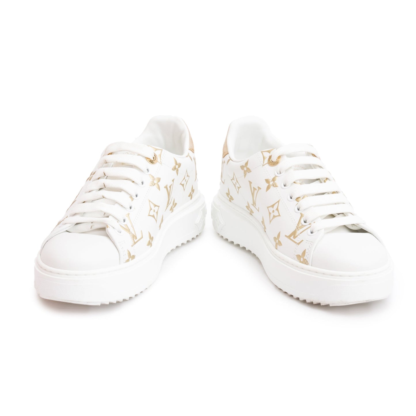 Louis Vuitton 2022 White/Gold Monogram Debosssed Leather Time Out Sneakers, Size 36.5
