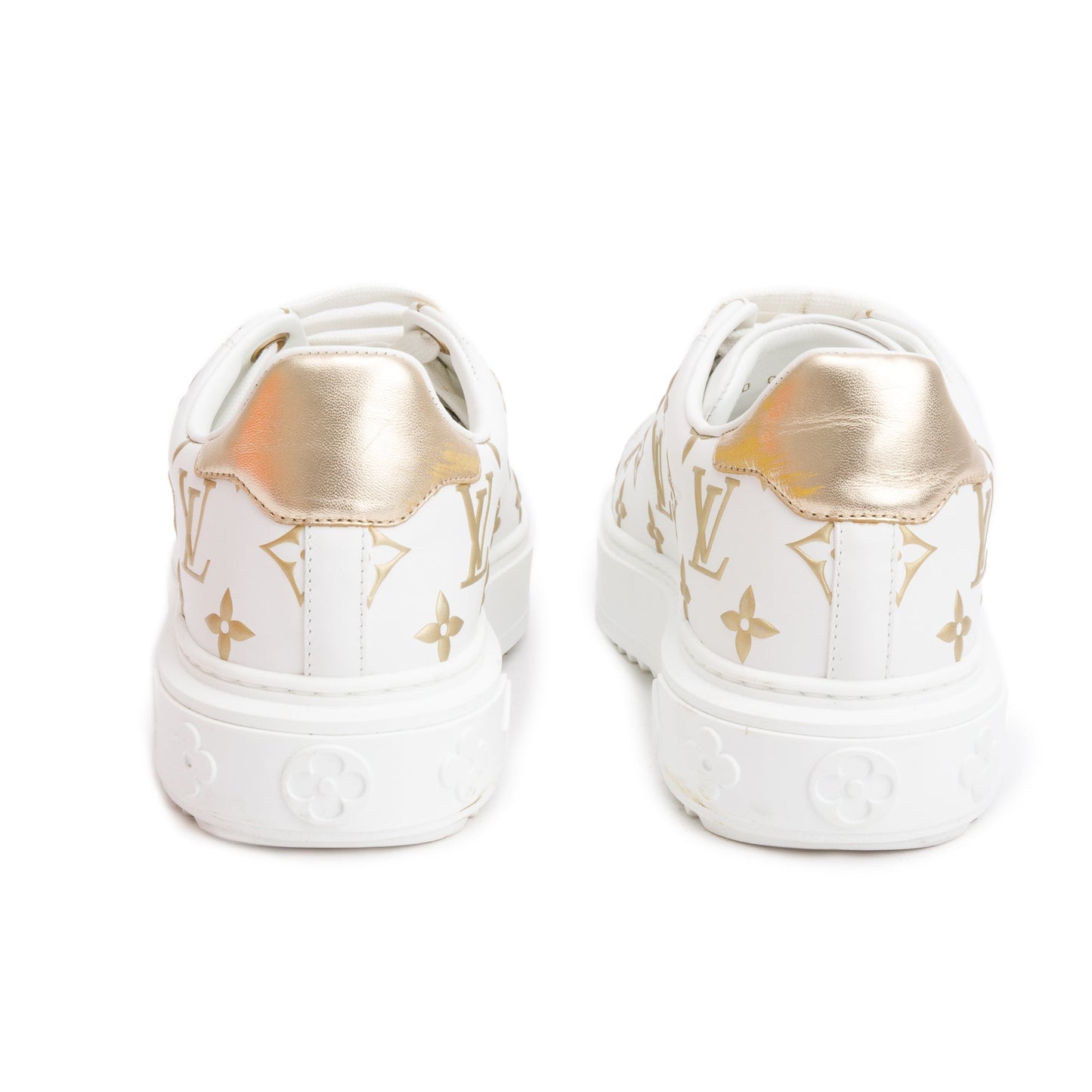 Louis Vuitton 2022 White/Gold Monogram Debosssed Leather Time Out Sneakers, Size 36.5
