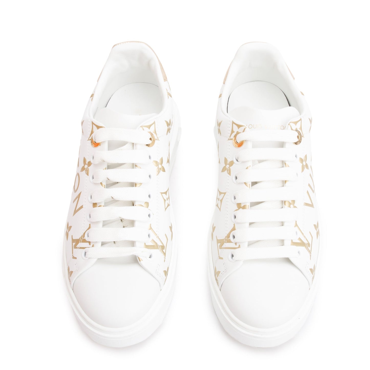 Louis Vuitton 2022 White/Gold Monogram Debosssed Leather Time Out Sneakers, Size 36.5