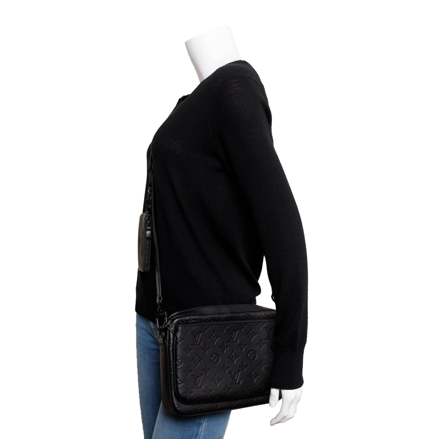Louis Vuitton 2023 Black Monogram Shadow Embossed Calfskin Leather Trio Messenger Bag