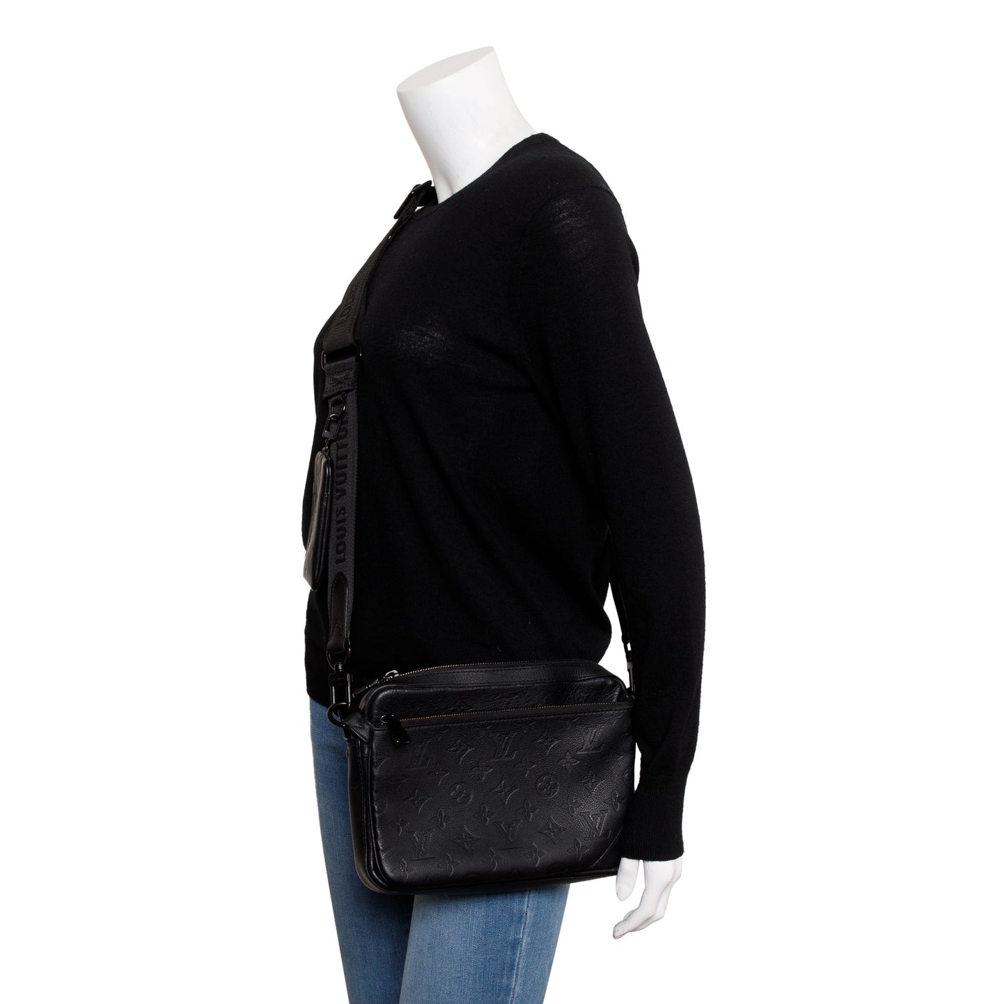 Louis Vuitton 2023 Black Monogram Shadow Embossed Calfskin Leather Trio Messenger Bag