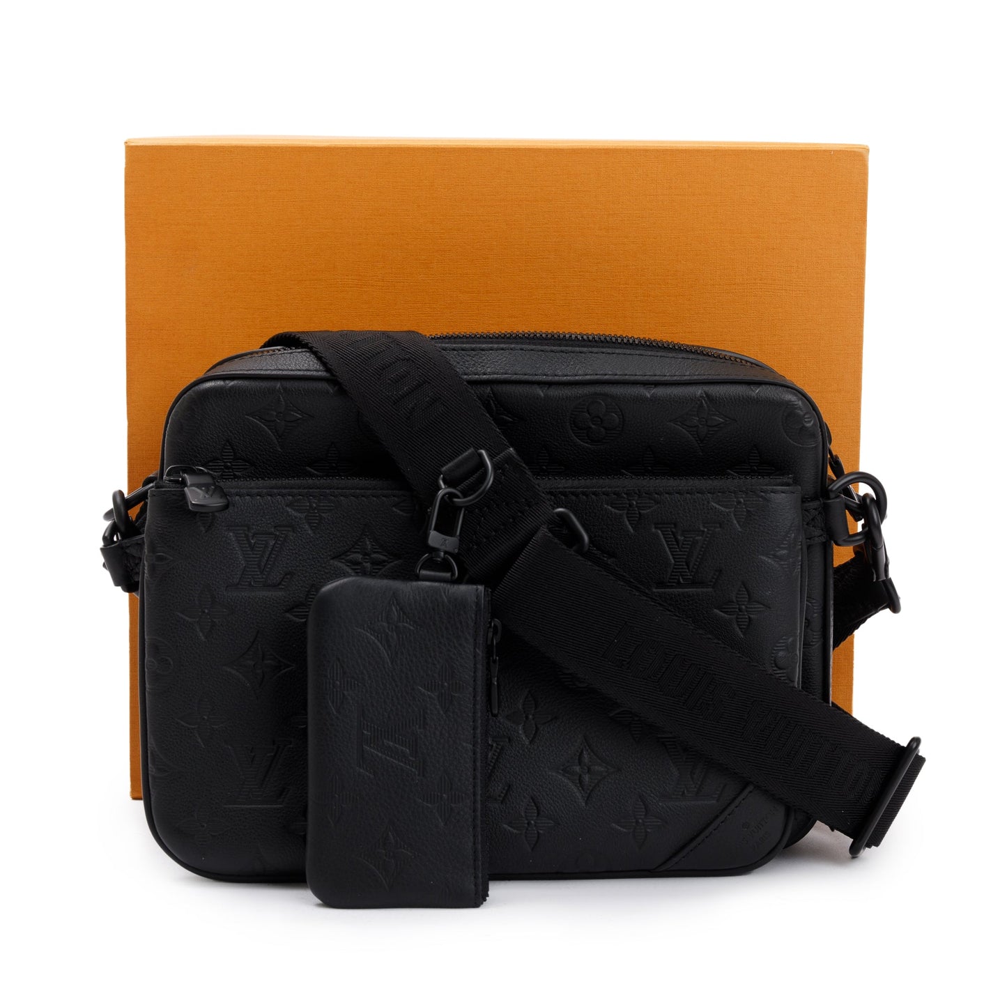 Louis Vuitton 2023 Black Monogram Shadow Embossed Calfskin Leather Trio Messenger Bag