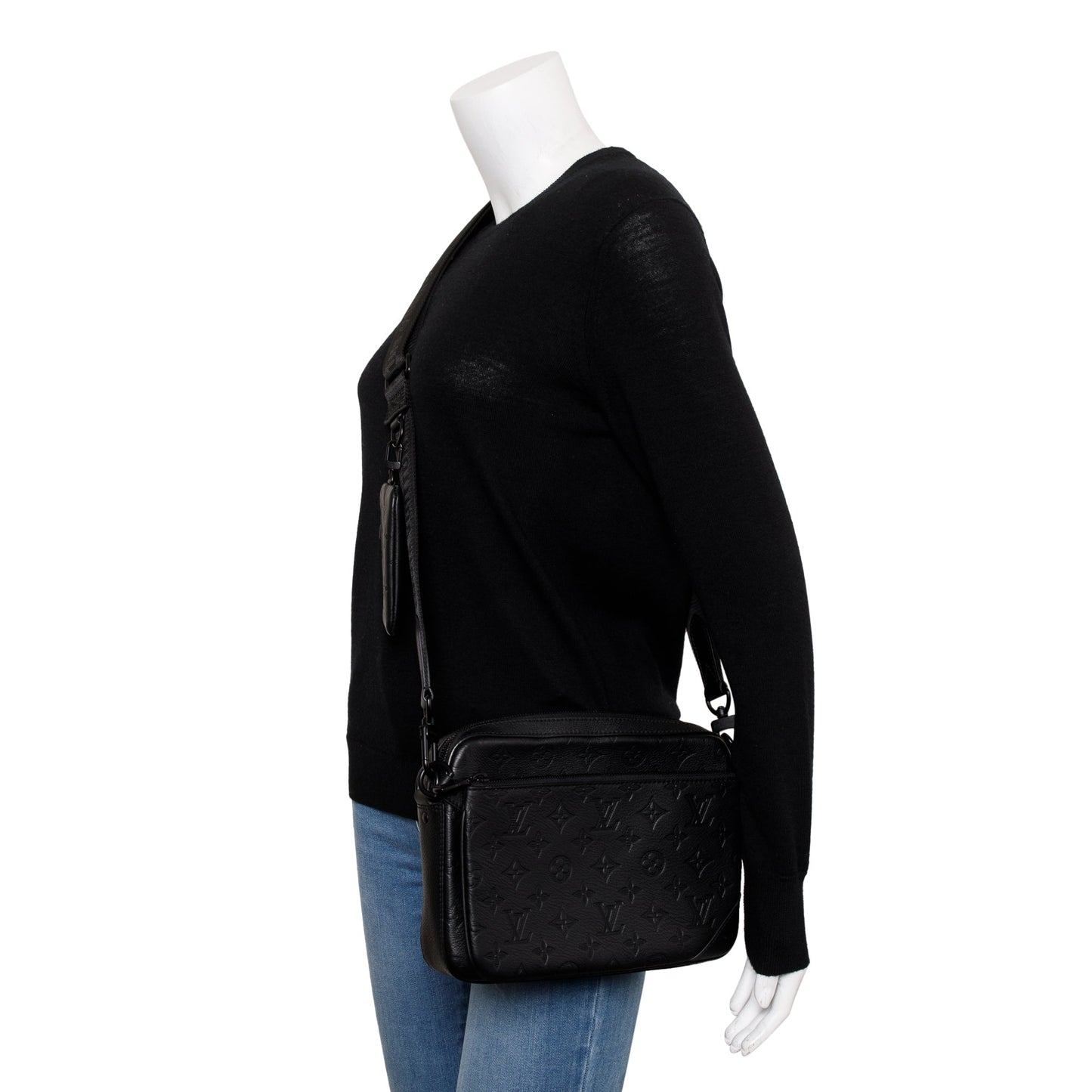 Louis Vuitton 2023 Black Monogram Shadow Embossed Calfskin Leather Trio Messenger Bag