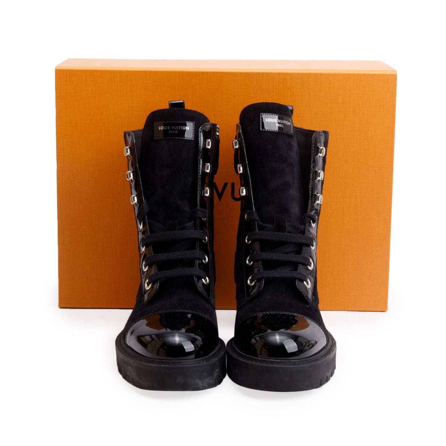 Louis Vuitton 2023 Black Monogram Suede Vernis Trim Territory Flat Ranger Boots, Size 37.5