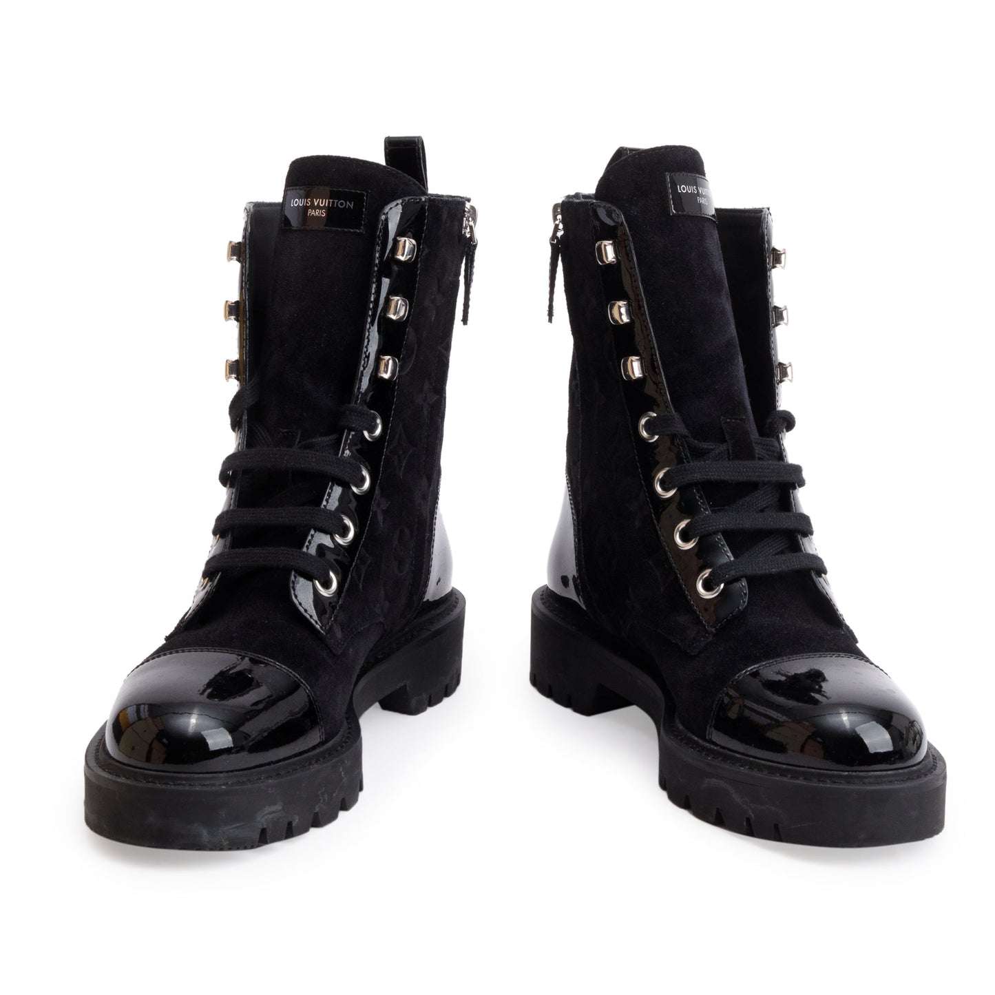 Louis Vuitton 2023 Black Monogram Suede Vernis Trim Territory Flat Ranger Boots, Size 37.5