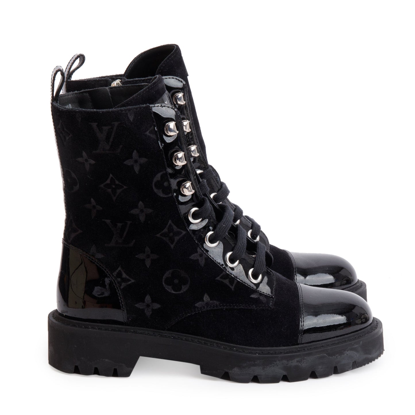 Louis Vuitton 2023 Black Monogram Suede Vernis Trim Territory Flat Ranger Boots, Size 37.5