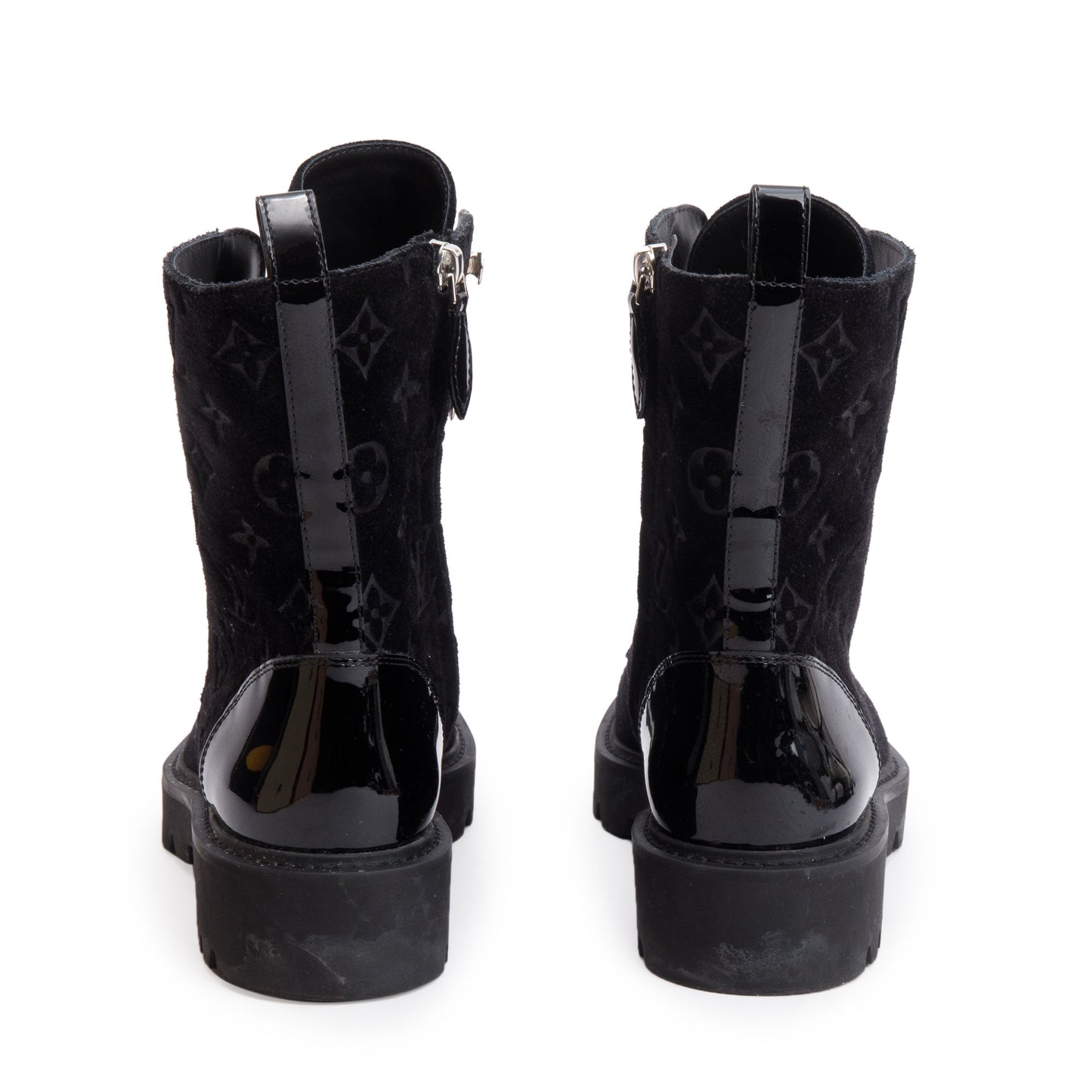 Louis Vuitton 2023 Black Monogram Suede Vernis Trim Territory Flat Ranger Boots, Size 37.5