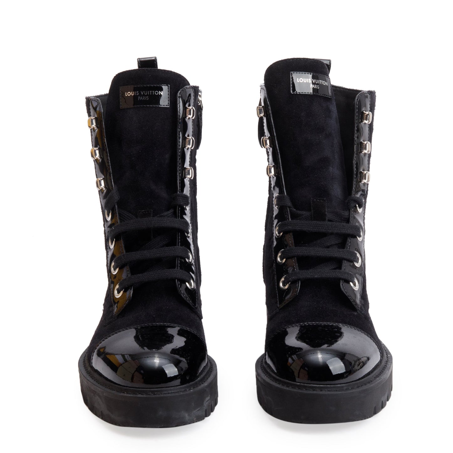 Louis Vuitton 2023 Black Monogram Suede Vernis Trim Territory Flat Ranger Boots, Size 37.5