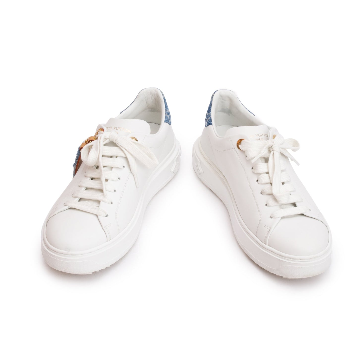 Louis Vuitton 2023 White Monogram Debosssed Leather Denim Trim Time Out Sneakers, Size 37