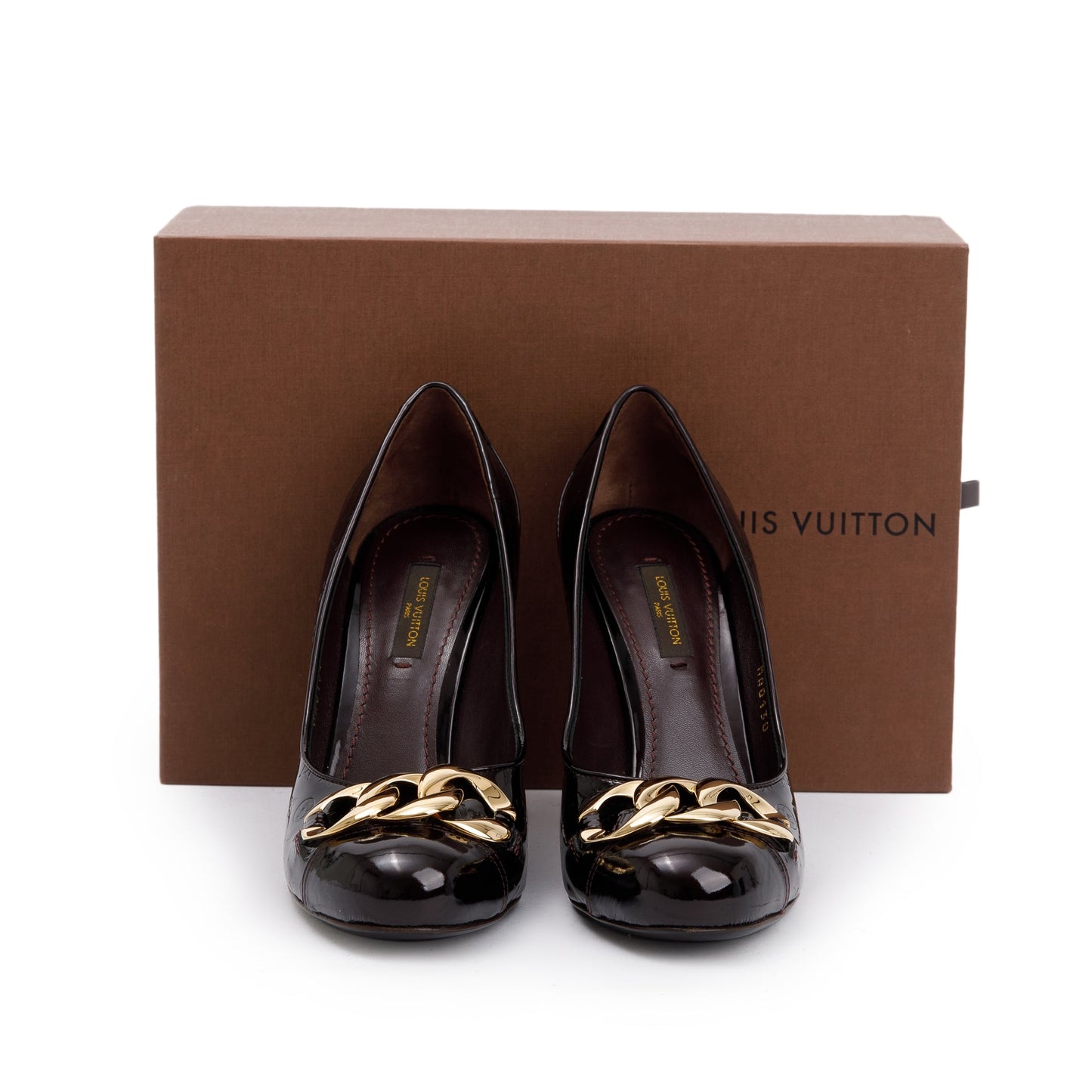 Louis Vuitton Amarante Monogram Vernis Leather Chain-Link Accents Pumps, Size 37.5