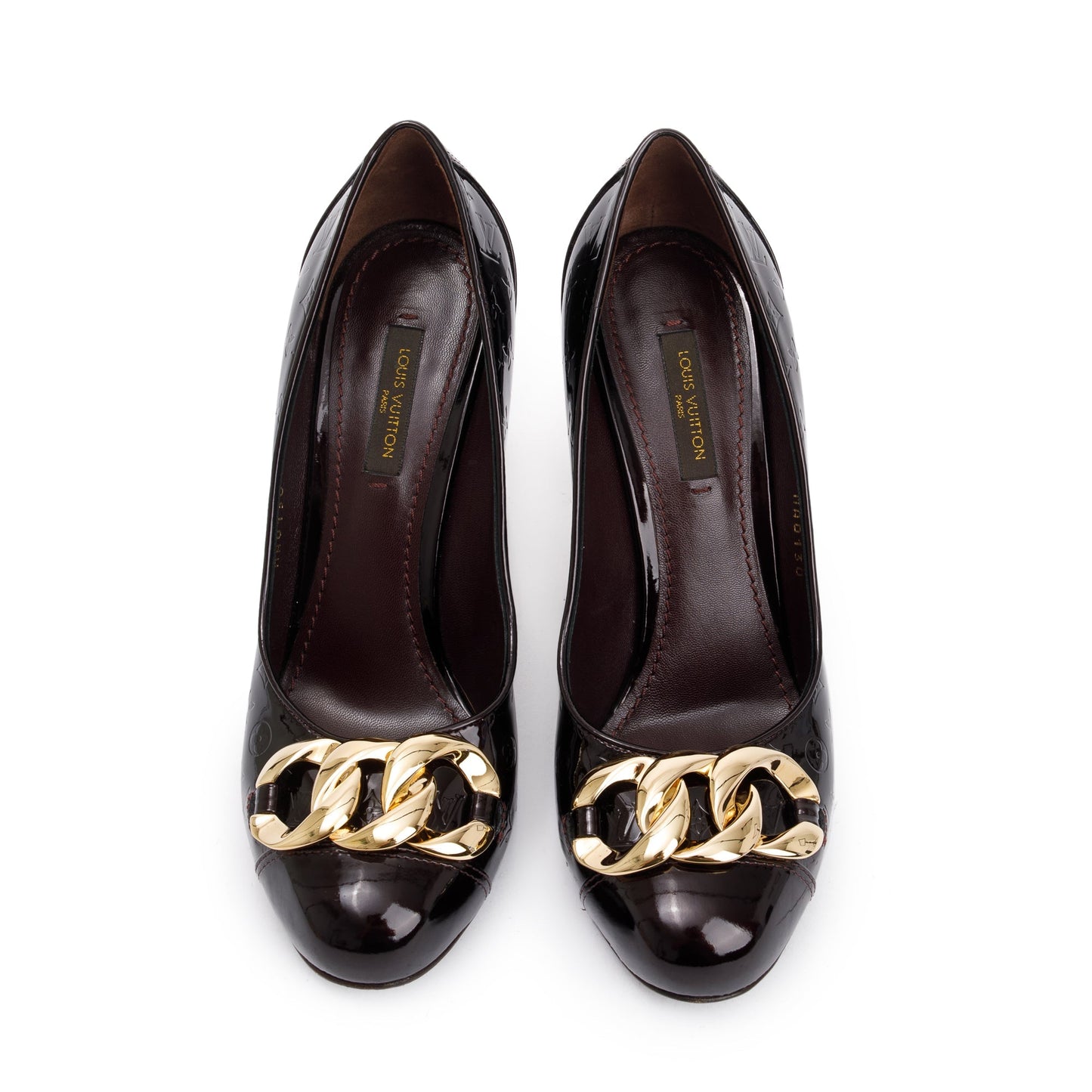 Louis Vuitton Amarante Monogram Vernis Leather Chain-Link Accents Pumps, Size 37.5