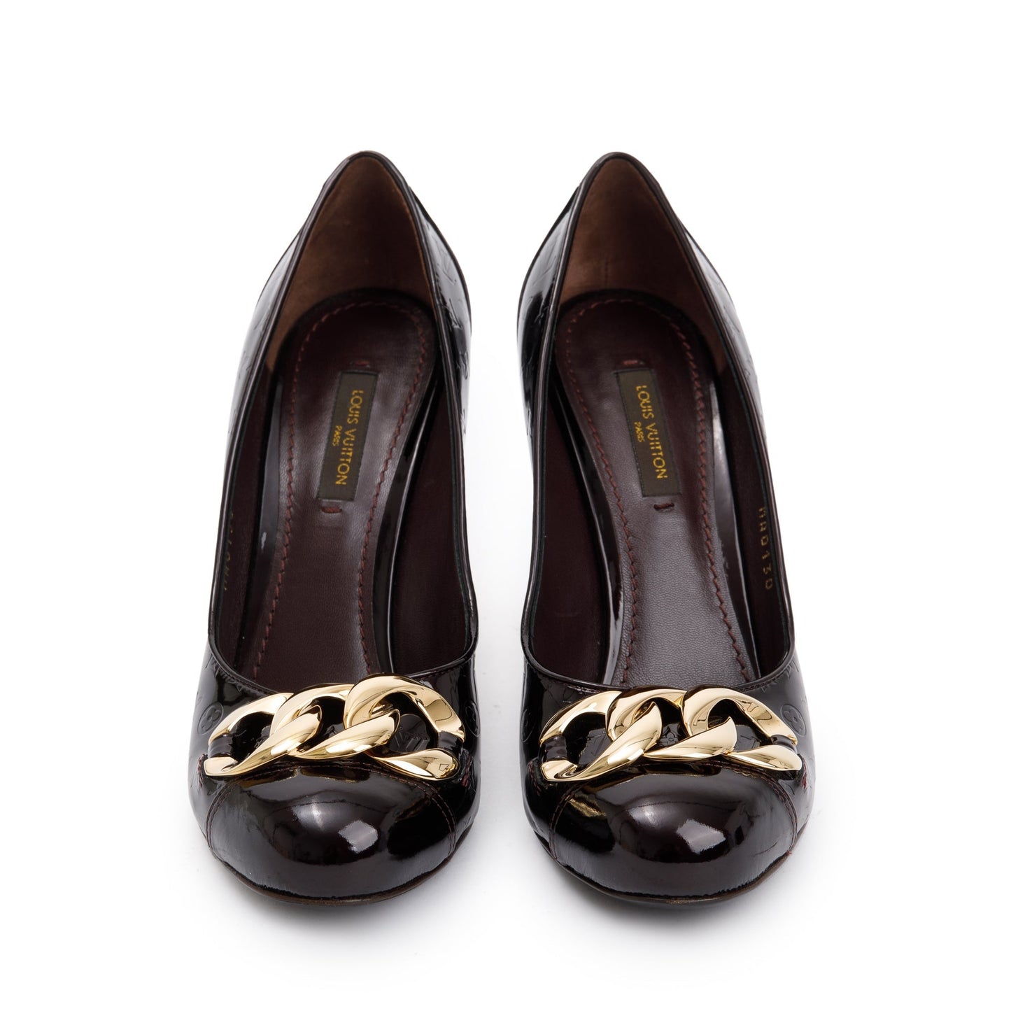Louis Vuitton Amarante Monogram Vernis Leather Chain-Link Accents Pumps, Size 37.5