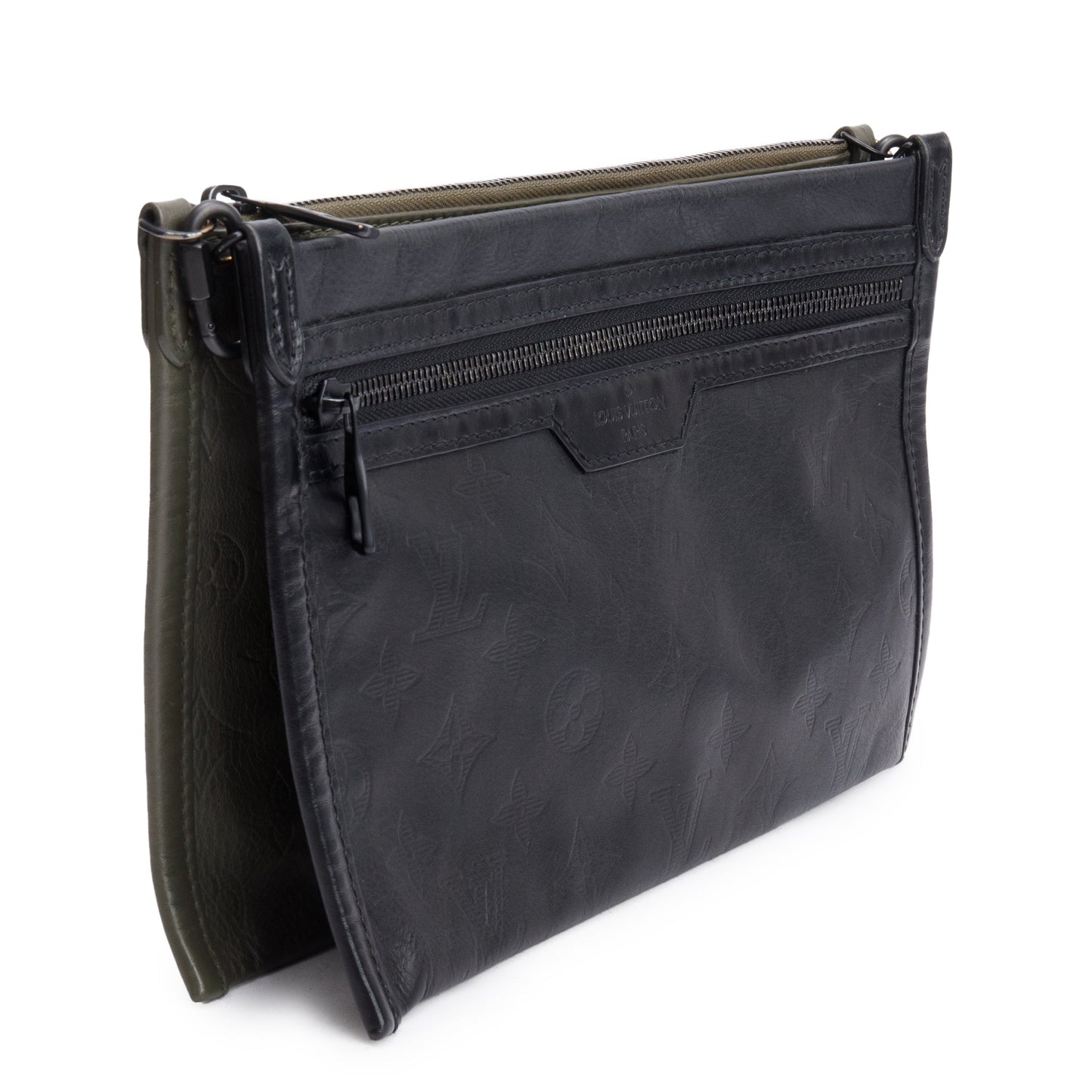 Louis Vuitton Black & Khaki Monogram Shadow Embossed Calfskin Leather Double Flat Messenger Bag