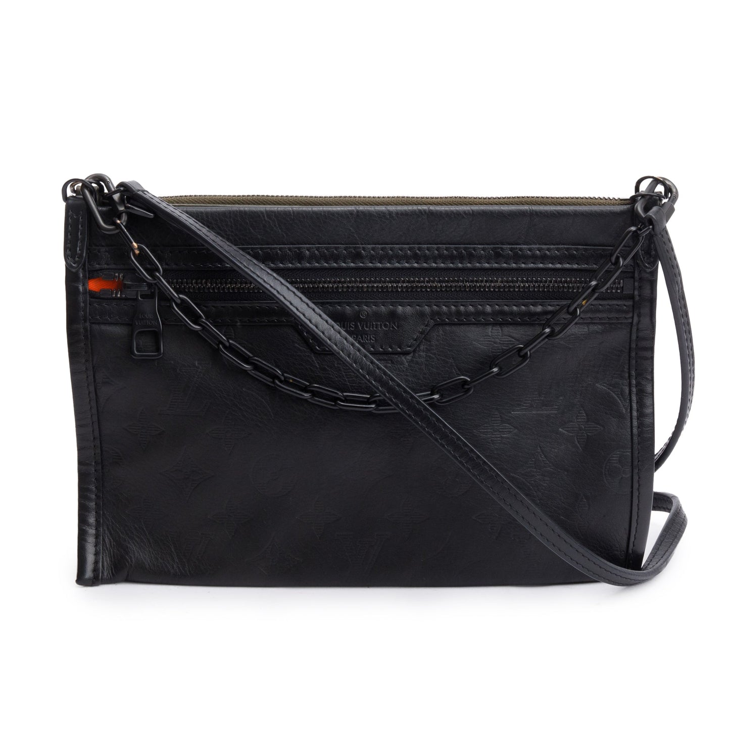 Louis Vuitton Black & Khaki Monogram Shadow Embossed Calfskin Leather Double Flat Messenger Bag