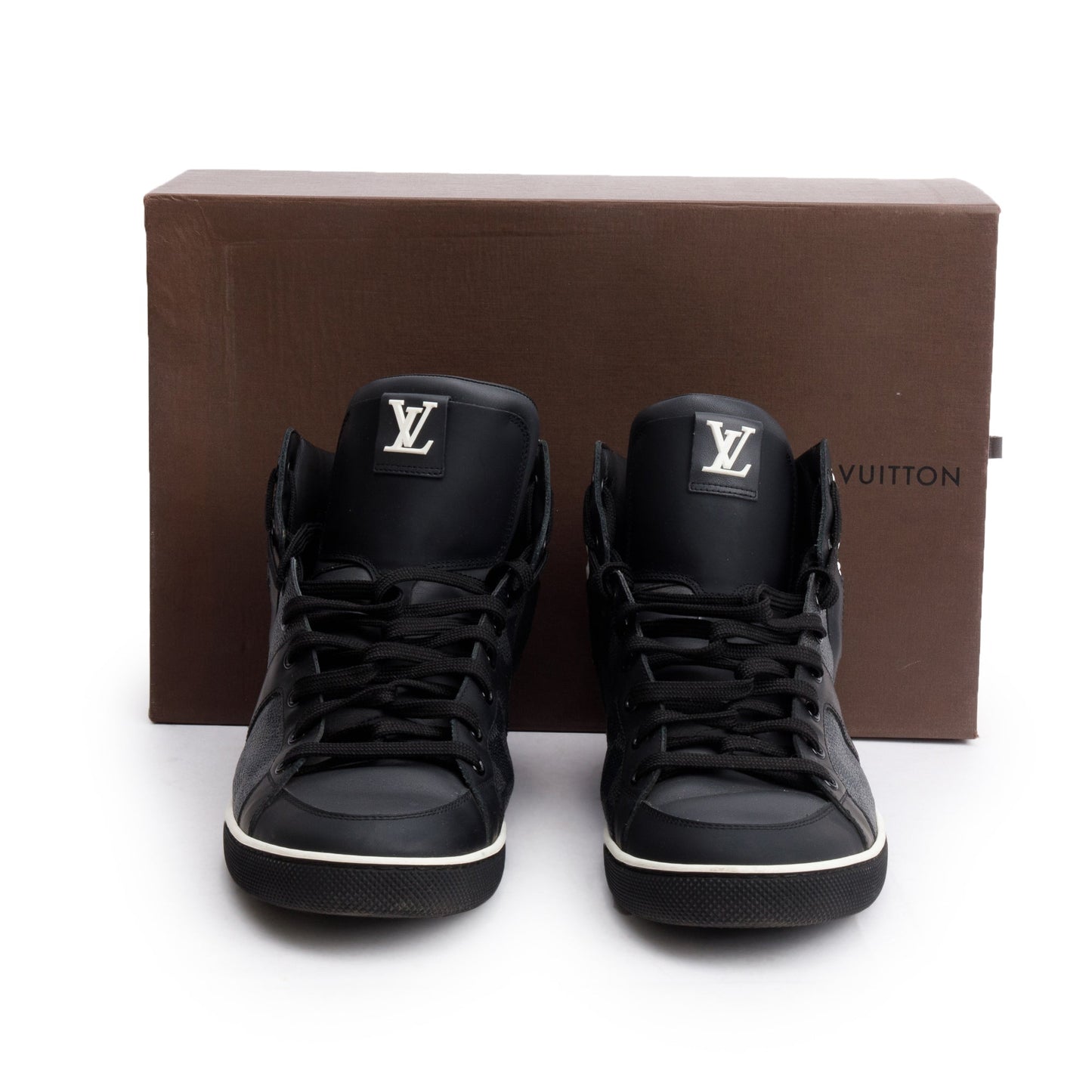 Louis Vuitton Black Leather Damier Graphite Canvas AW2012 High-Top Sneakers, Size 8.5