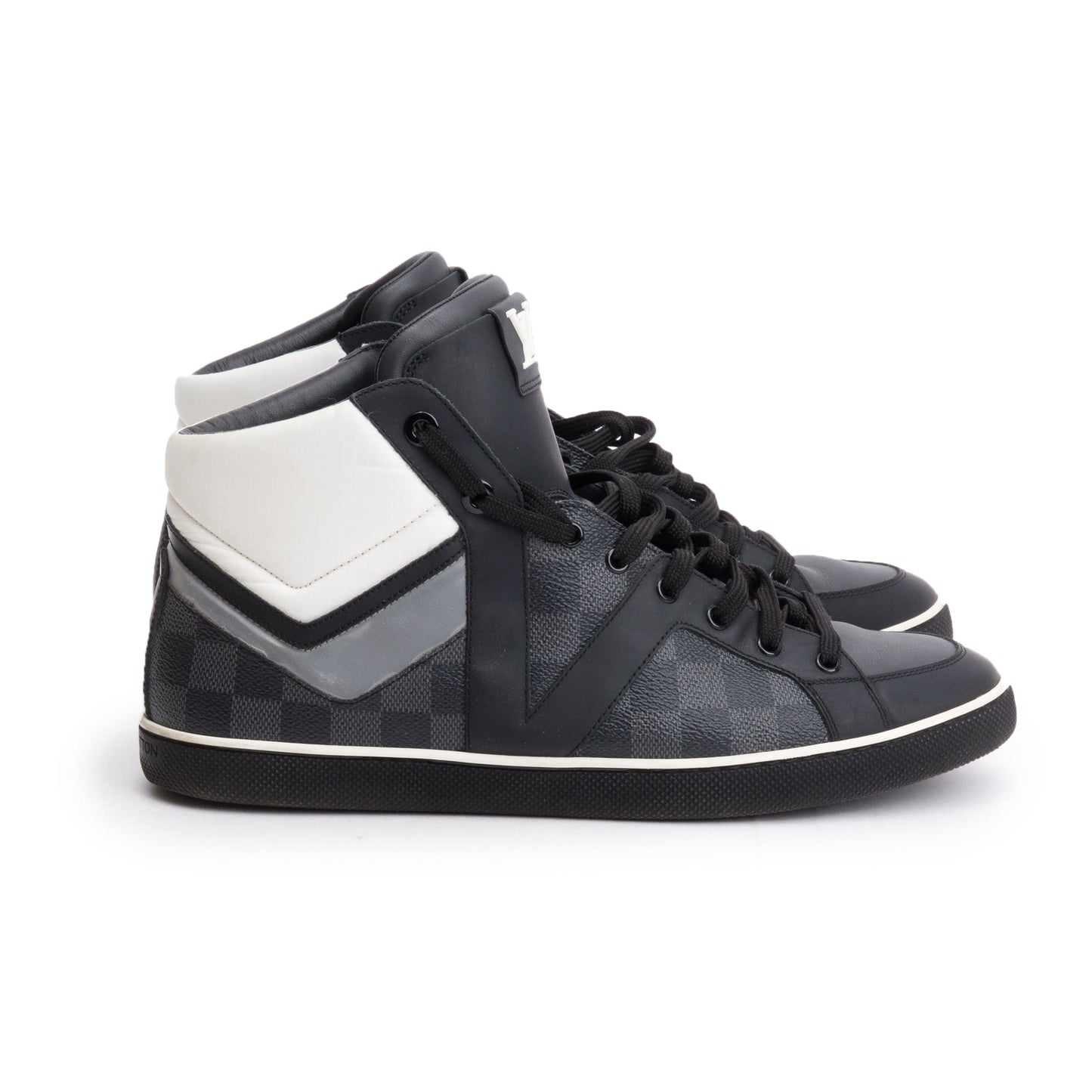 Louis Vuitton Black Leather Damier Graphite Canvas AW2012 High-Top Sneakers, Size 8.5