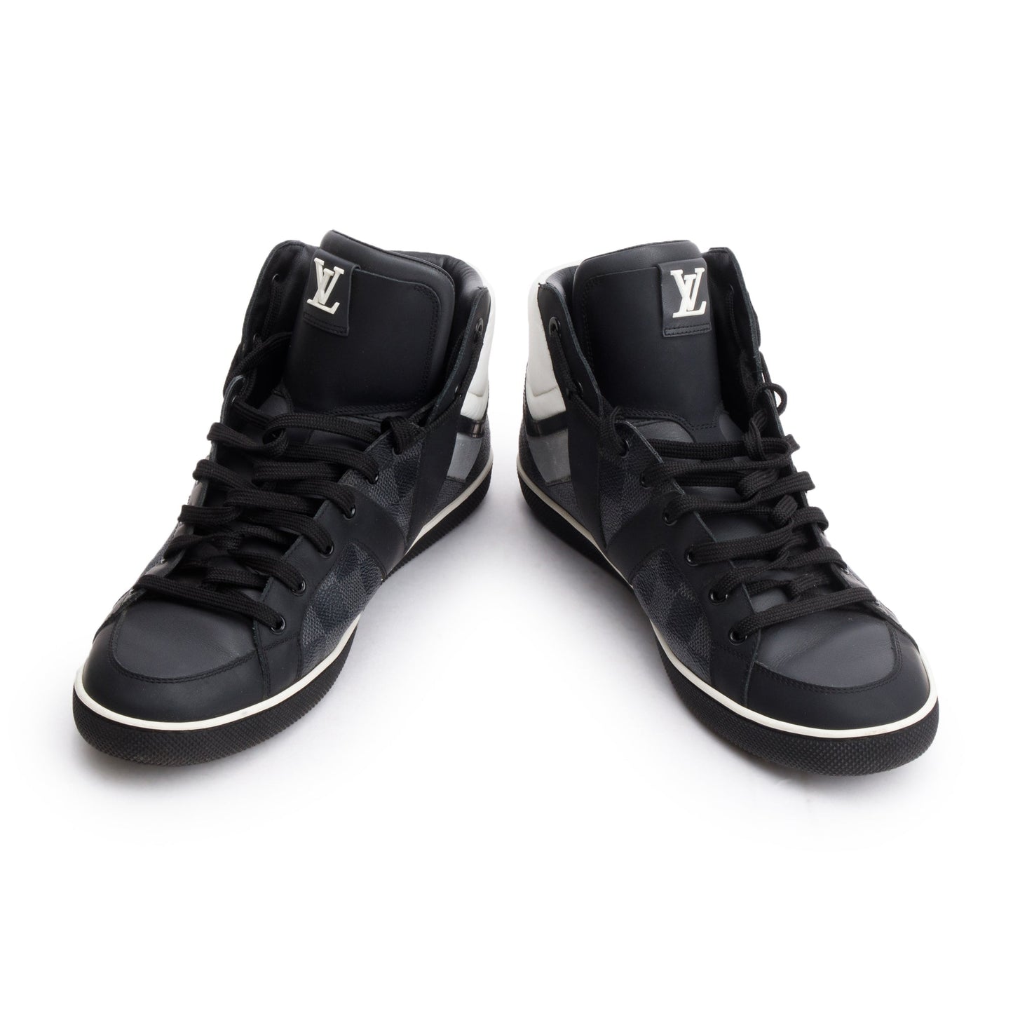 Louis Vuitton Black Leather Damier Graphite Canvas AW2012 High-Top Sneakers, Size 8.5