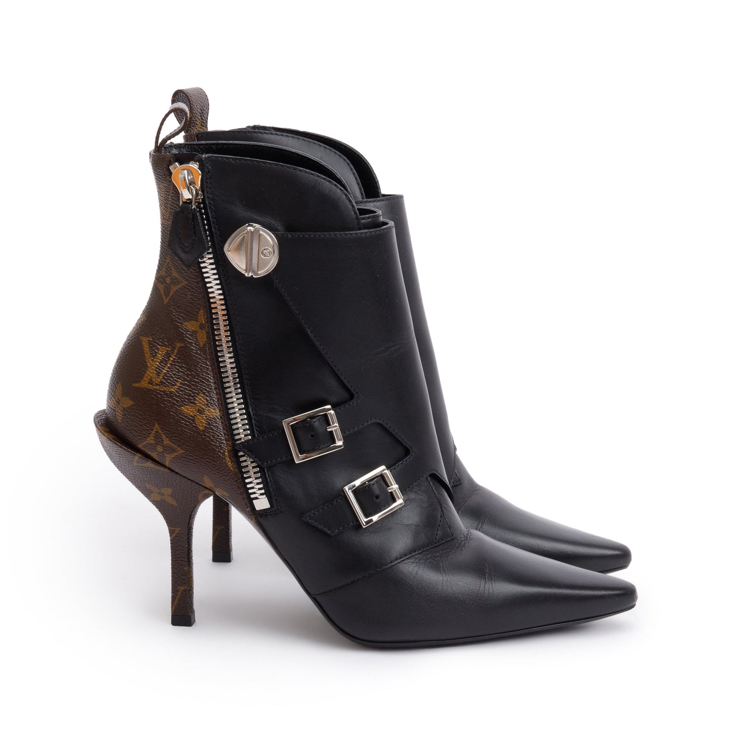 Louis Vuitton Black Leather Monogram Janet Ankle Boots, Size 40