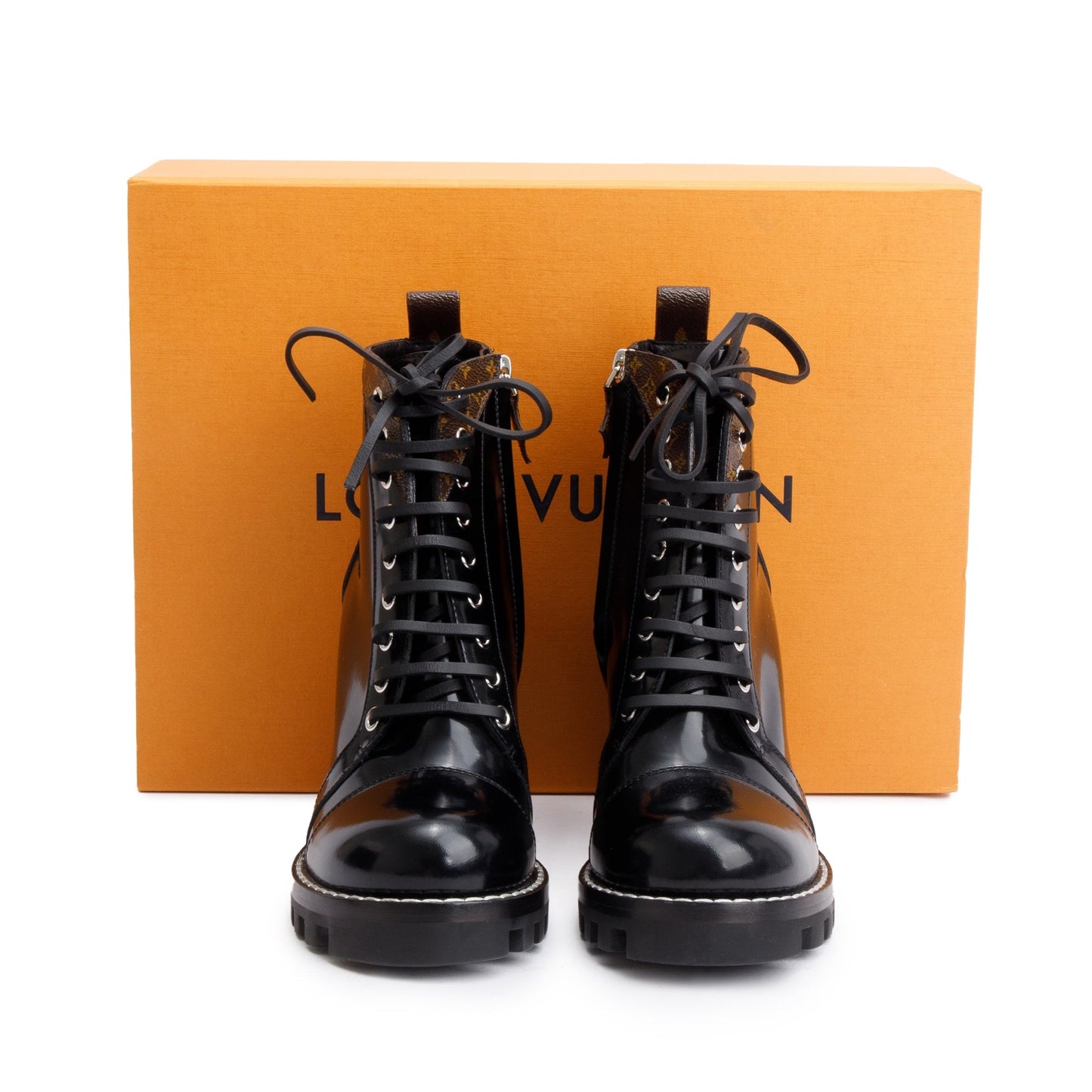 Louis Vuitton Black Patent Leather Monogram Trim Star Trail Combat Boots, Size 7.5