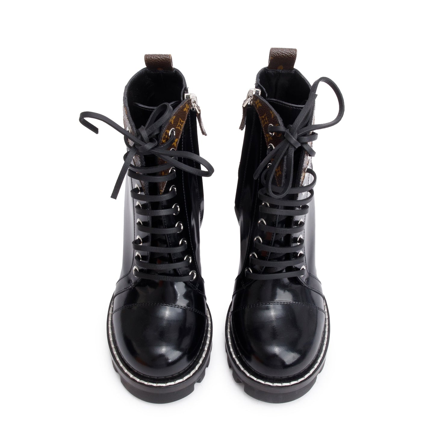 Louis Vuitton Black Patent Leather Monogram Trim Star Trail Combat Boots, Size 7.5