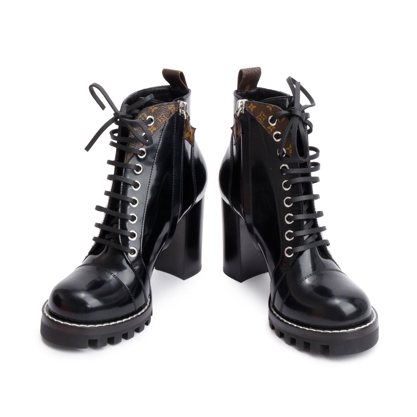Louis Vuitton Black Patent Leather Monogram Trim Star Trail Combat Boots, Size 7.5