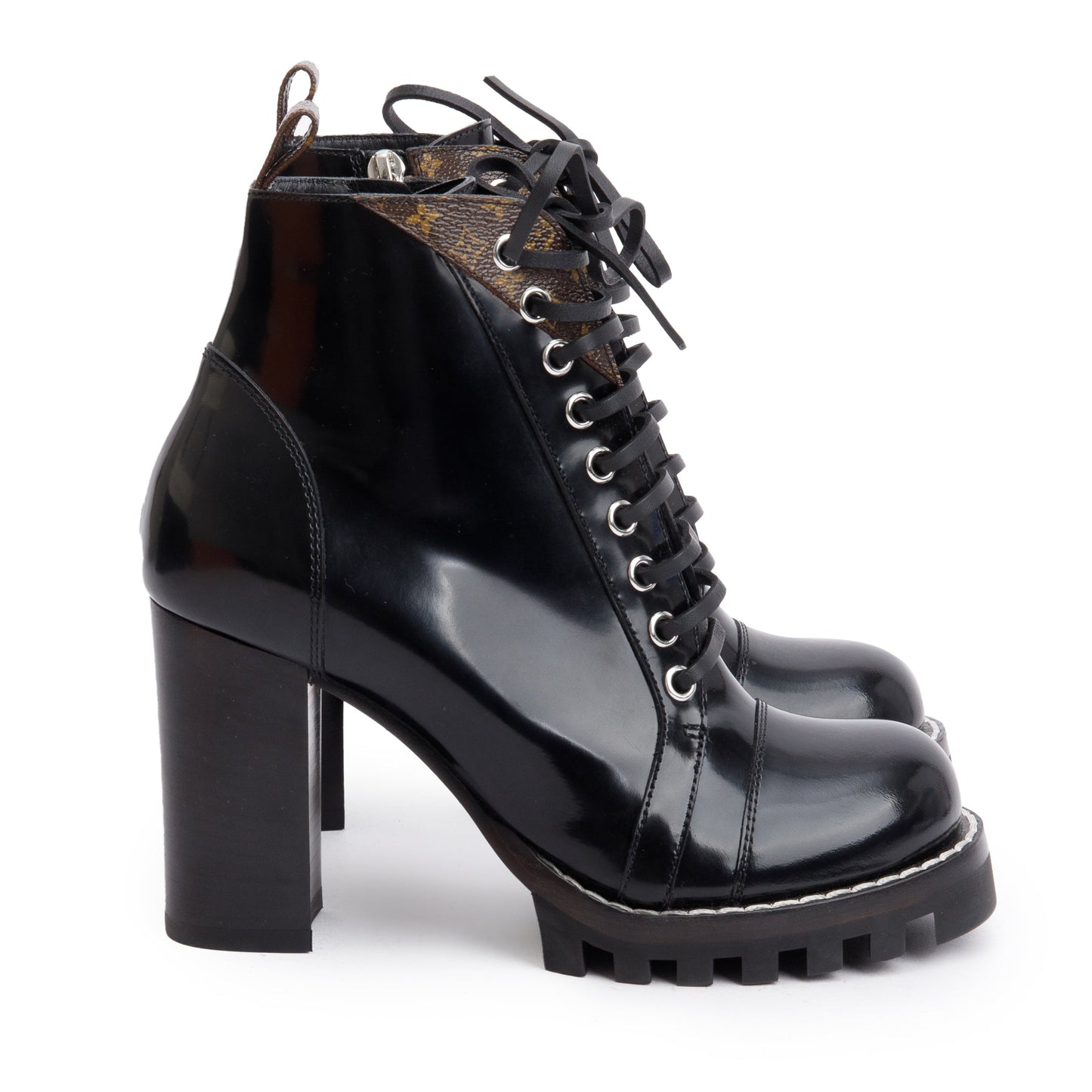 Louis Vuitton Black Patent Leather Monogram Trim Star Trail Combat Boots, Size 7.5