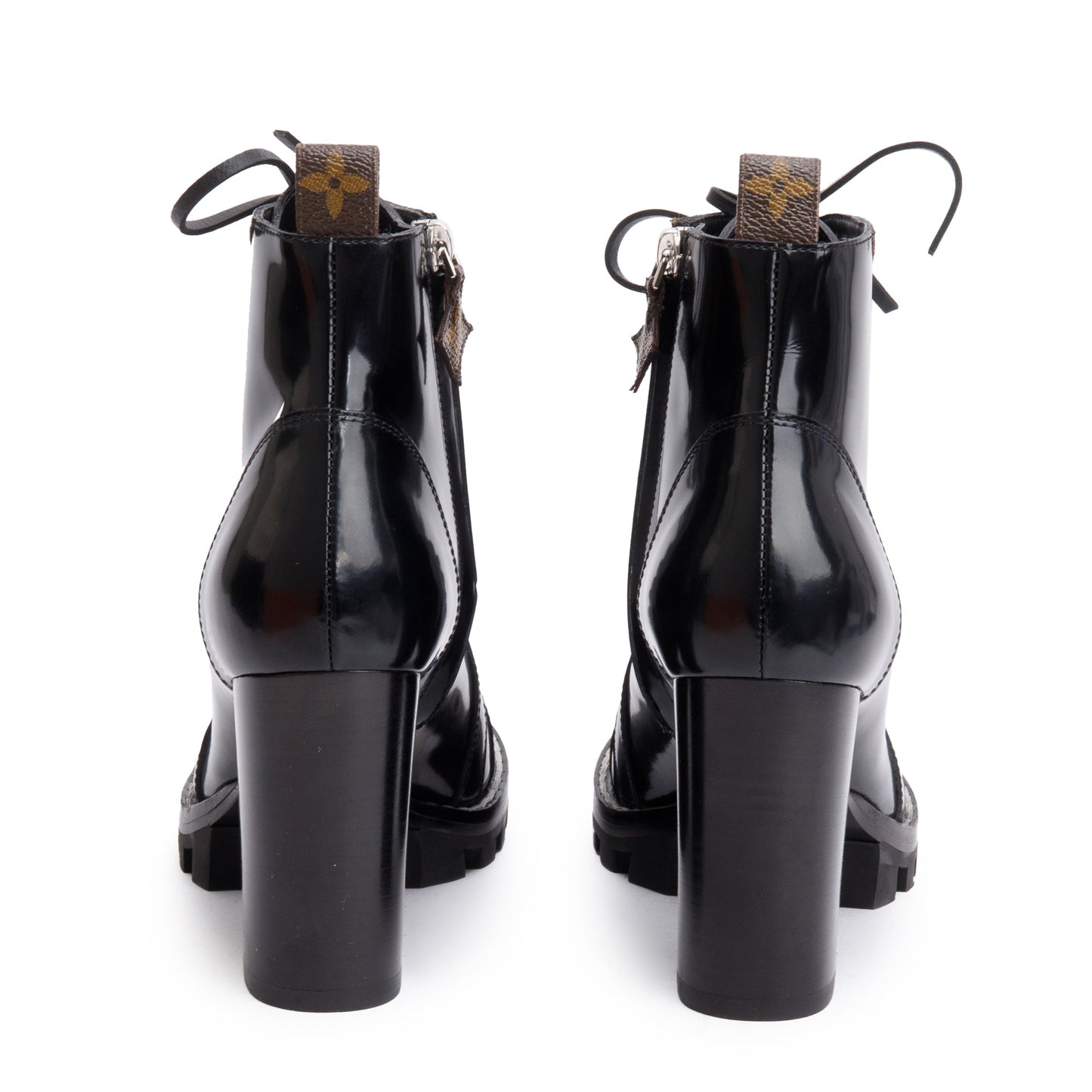 Louis Vuitton Black Patent Leather Monogram Trim Star Trail Combat Boots, Size 7.5