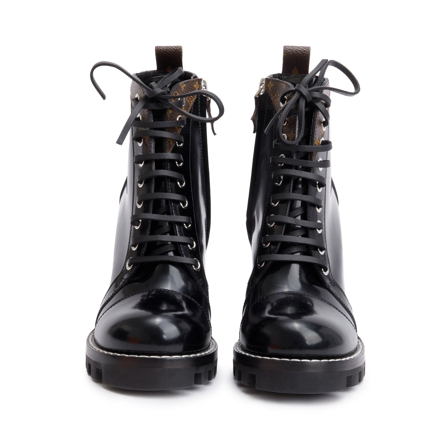 Louis Vuitton Black Patent Leather Monogram Trim Star Trail Combat Boots, Size 7.5