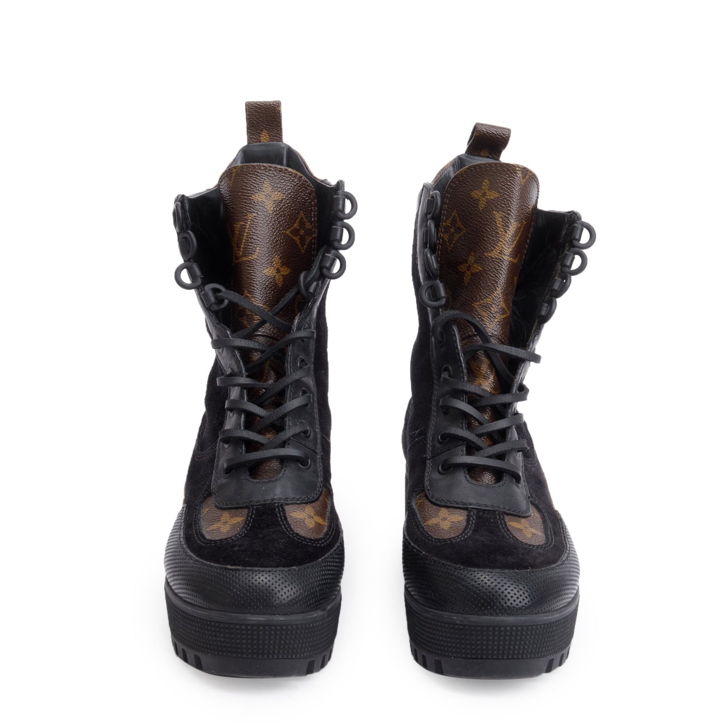 Louis Vuitton Black Suede Monogram Trim Laureate Platform Desert Boots, Size 38