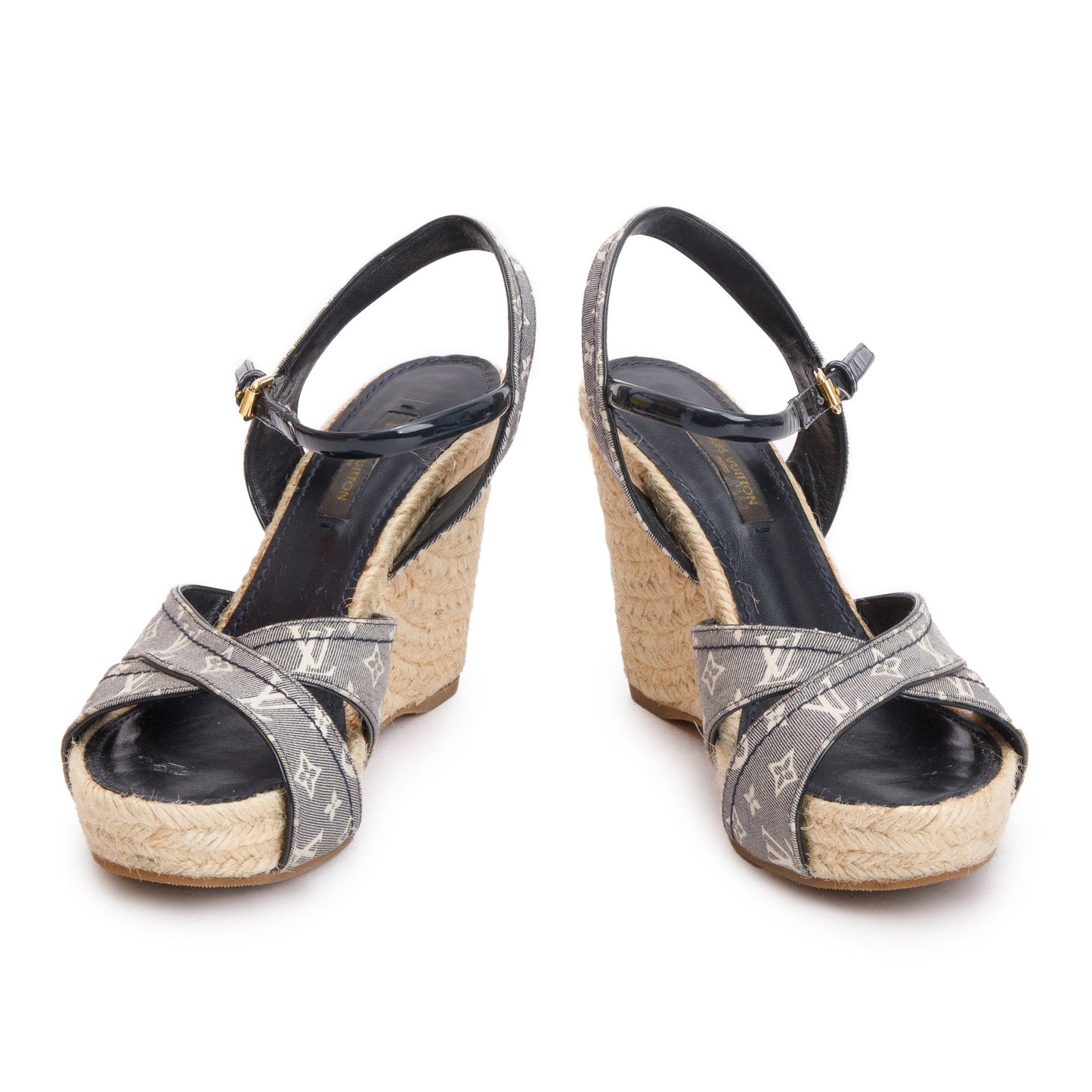 Louis Vuitton Blue Monogram Denim Wedge Espadrille Sandals, Size 36