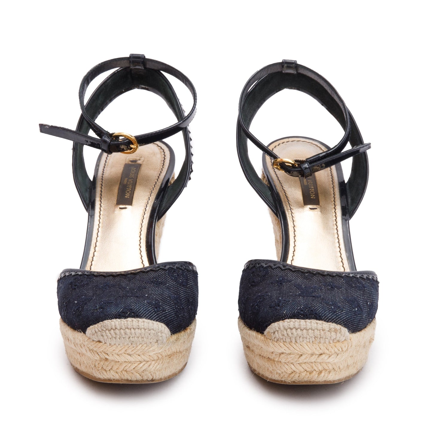 Louis Vuitton Blue Monogram Denim Wedge Espadrille Sandals, Size 36