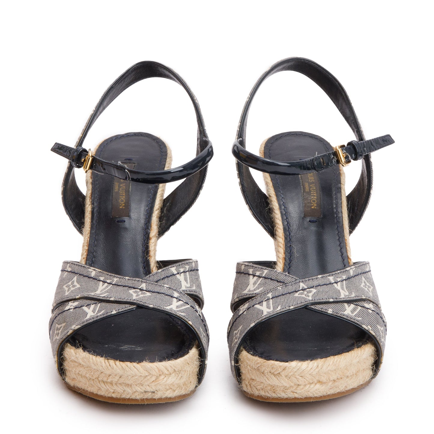Louis Vuitton Blue Monogram Denim Wedge Espadrille Sandals, Size 36