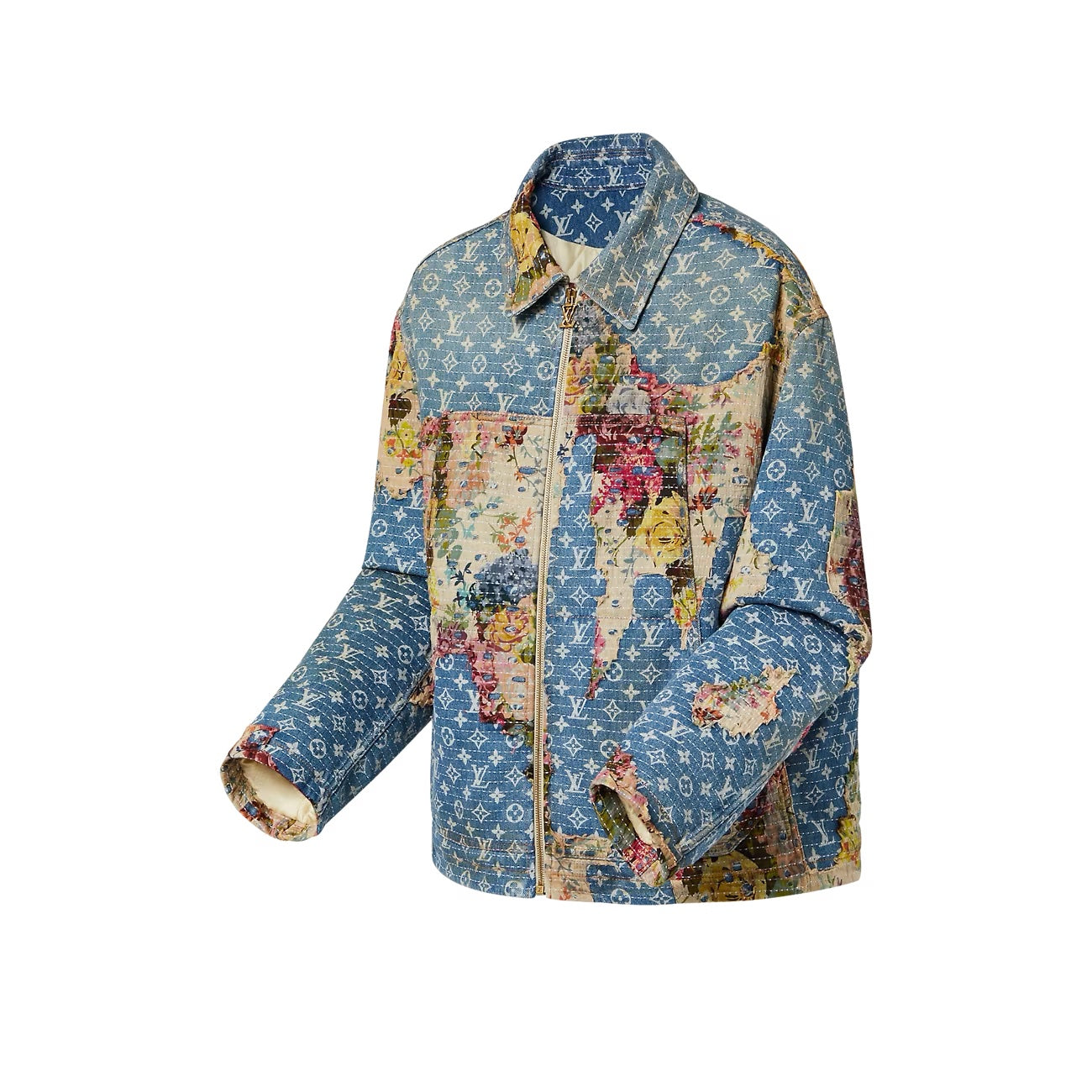 LOUIS VUITTON DISTRESSED DENIM MONOGRAM FLORAL WORKWEAR JACKET