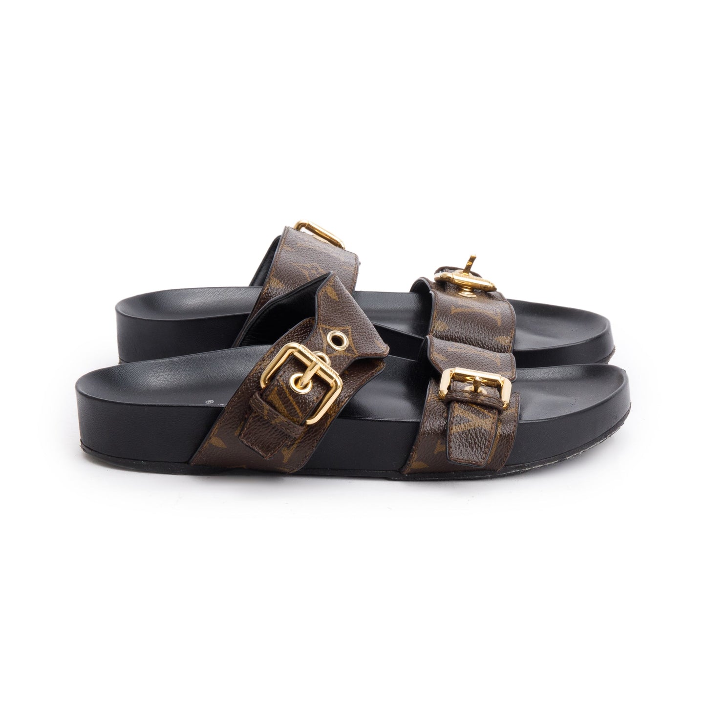 Louis Vuitton Brown Monogram Macassar Bom Dia Mule Slides, Size 36