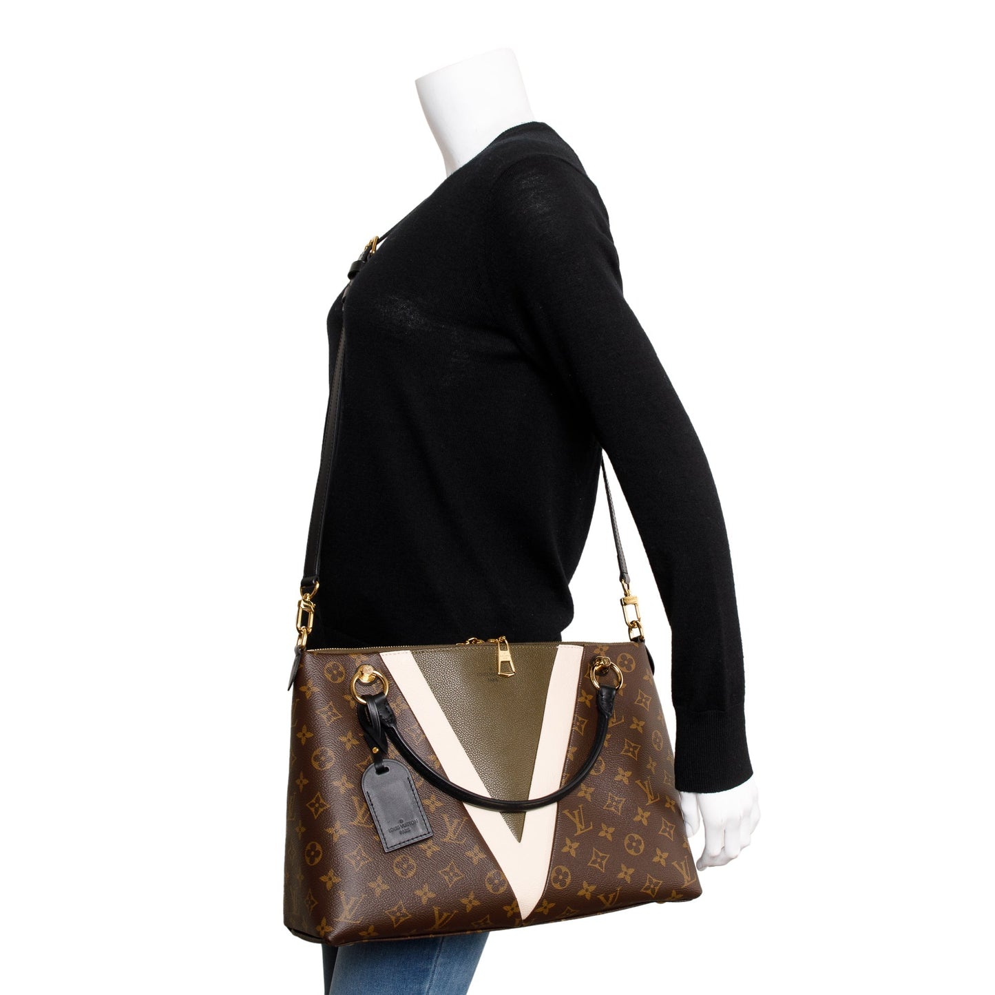 Louis Vuitton Creme & Khaki Leather Monogram V Tote MM
