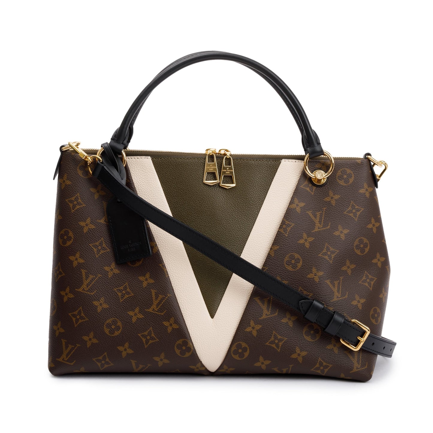 Louis Vuitton Creme & Khaki Leather Monogram V Tote MM