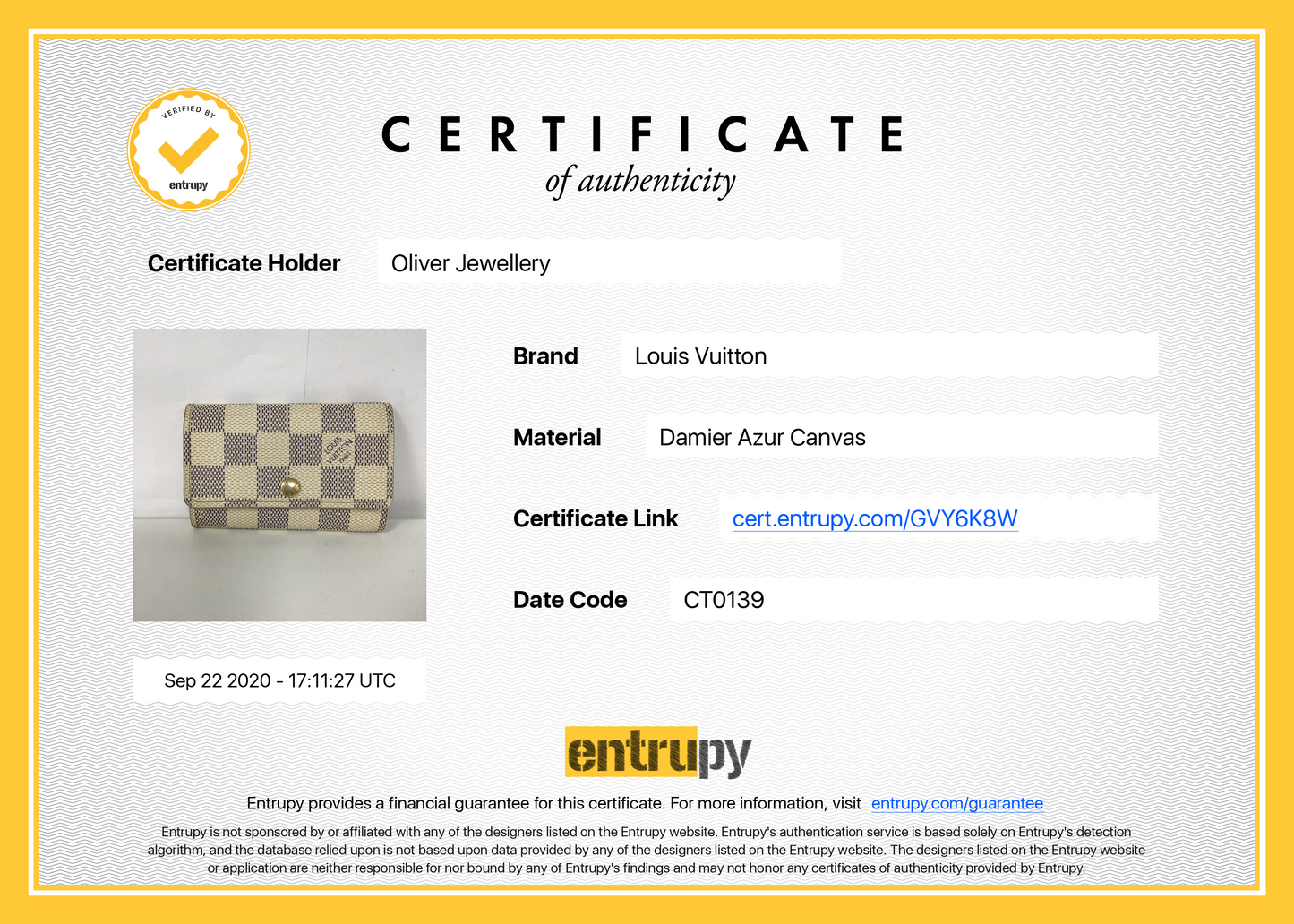 Louis Vuitton Damier Azur 6 Key Holder