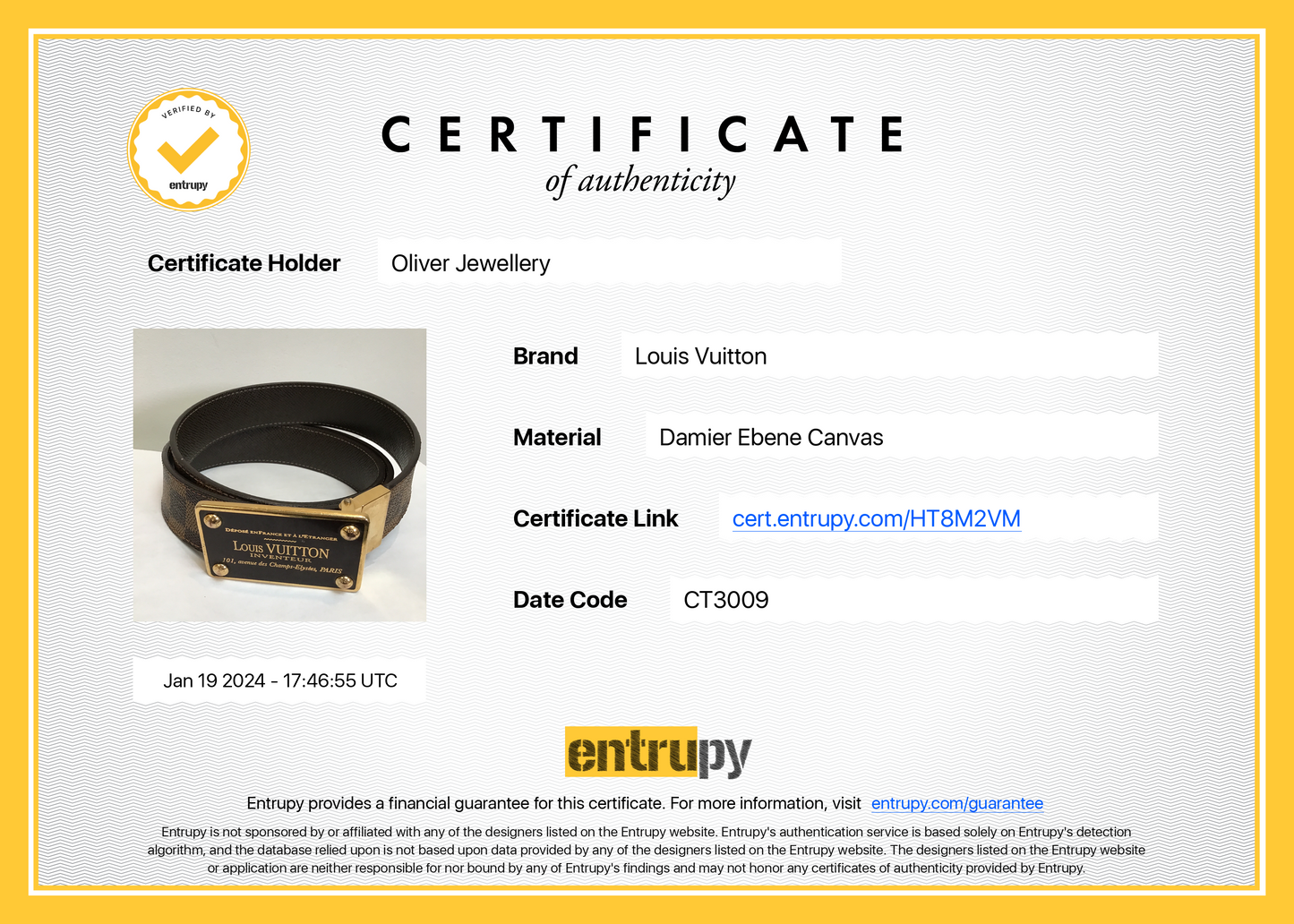 Louis Vuitton Damier Ebene Brown Calfskin Leather Reversible Inventeur Belt 95 38