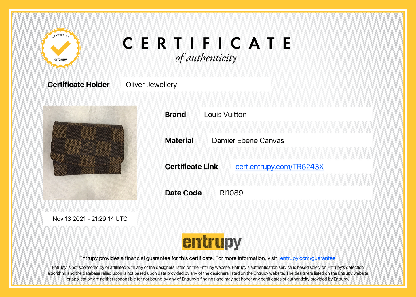 Louis Vuitton Damier Ebene Cufflinks Holder