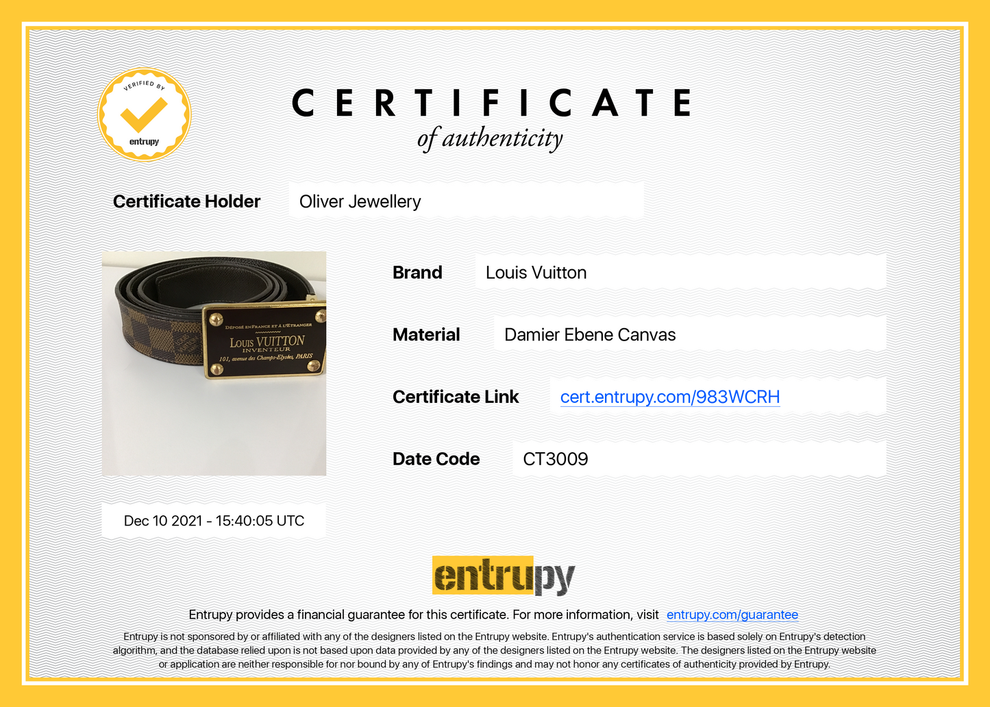 Louis Vuitton Damier Ebene Inventeur Reversible 35MM Belt