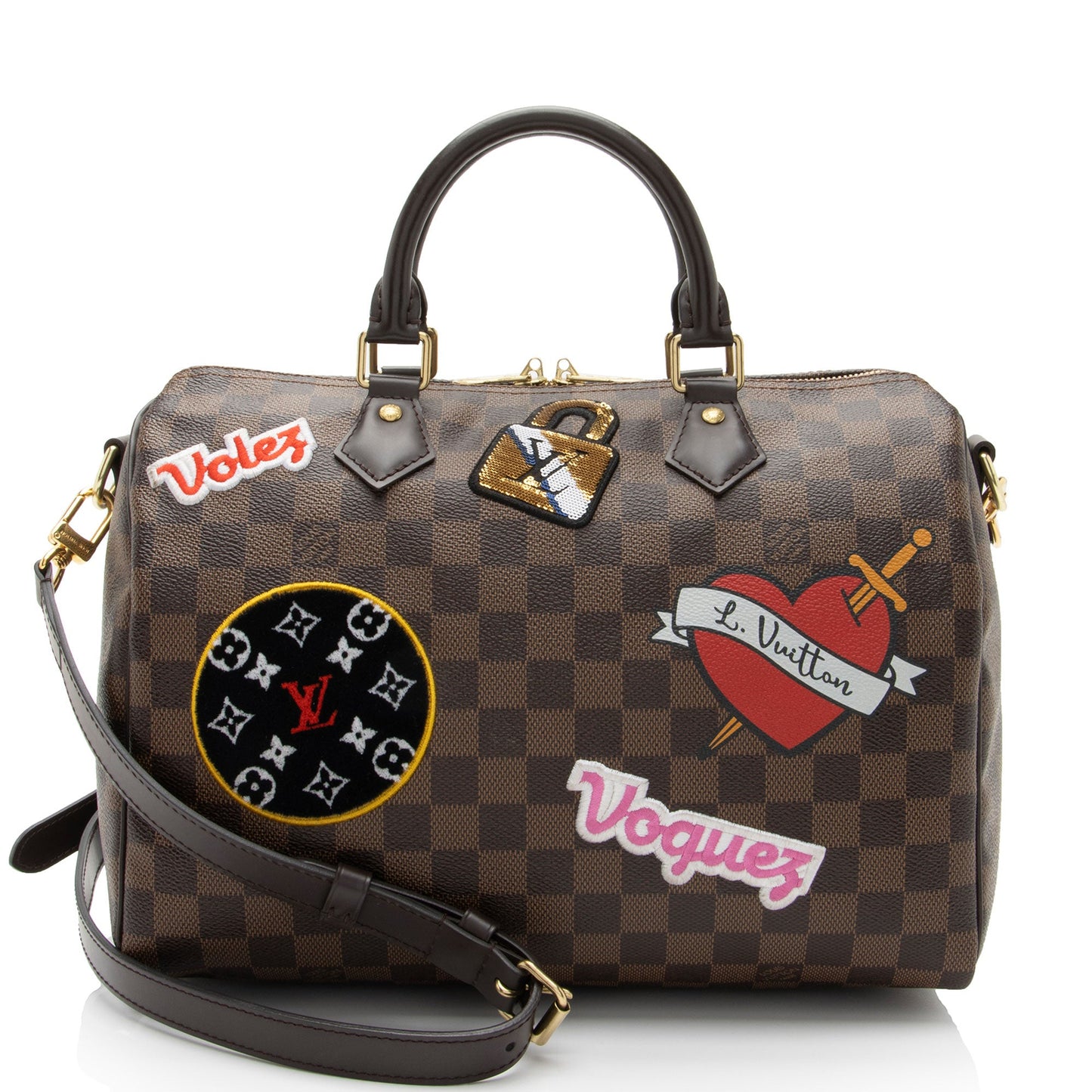Louis Vuitton Limited Edition Damier Ebene Patches Speedy Bandouliere 30 Satchel (SHF-d85oKm)